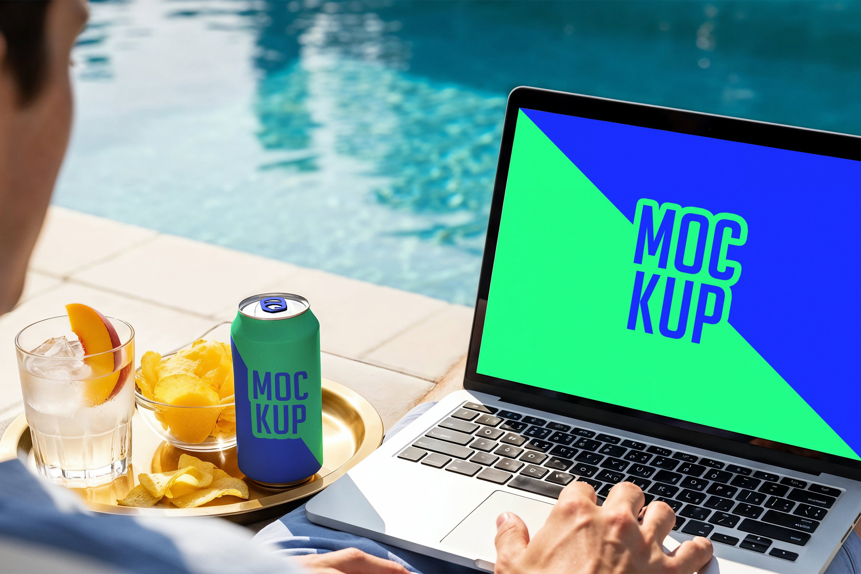Premium Energy Drink Can Poolside Mockups Collection