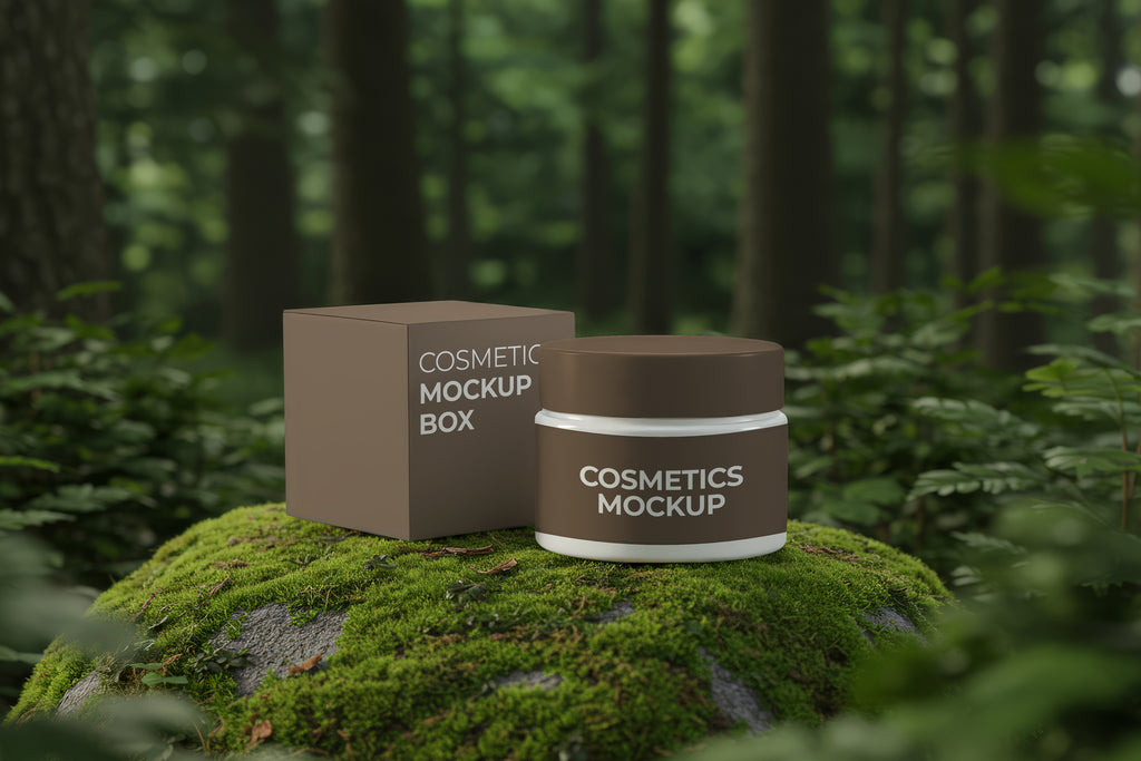 Free Cosmetic Jar with Box in Forest Mockup