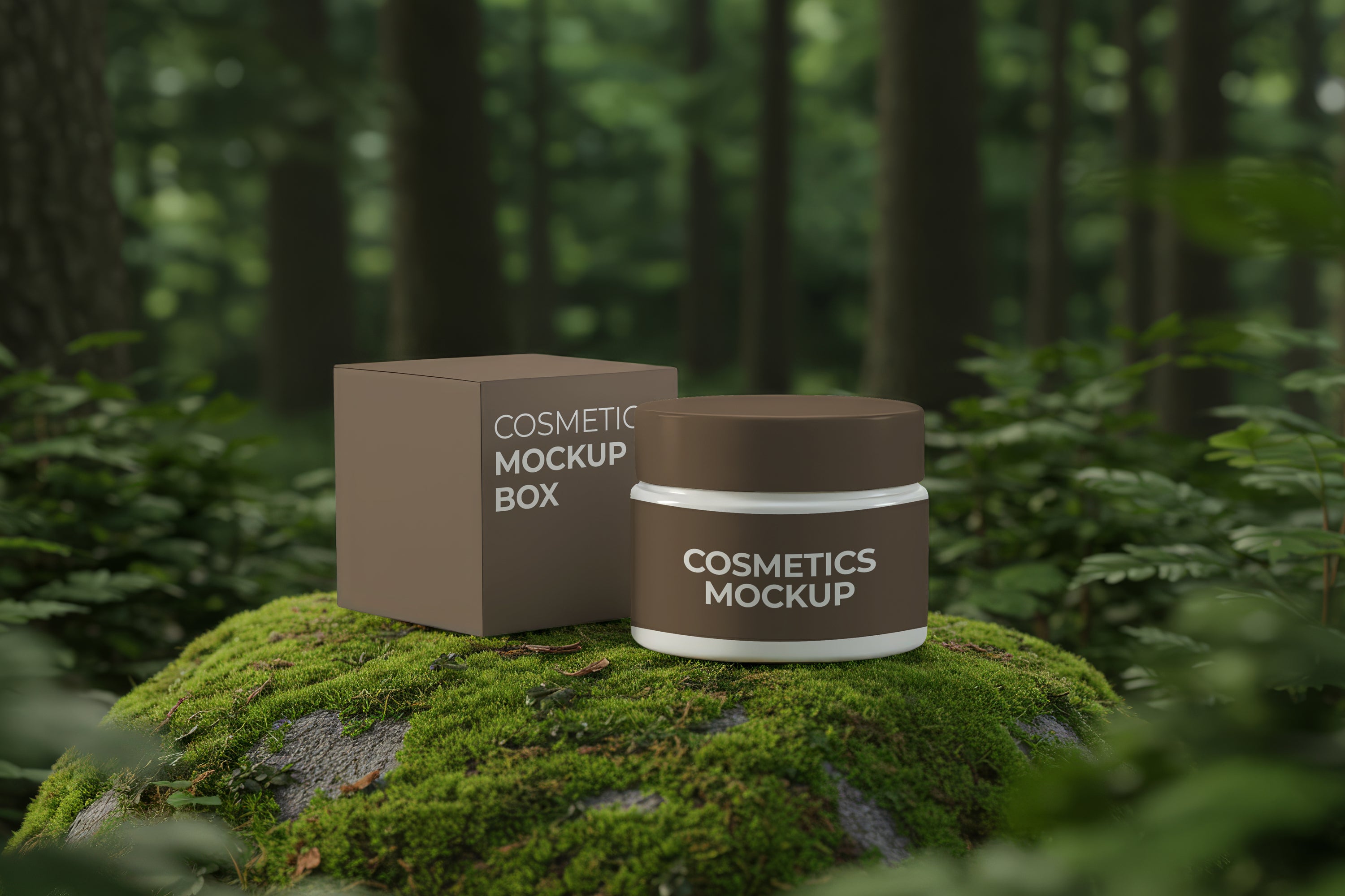 Free Cosmetic Jar with Box in Forest Mockup