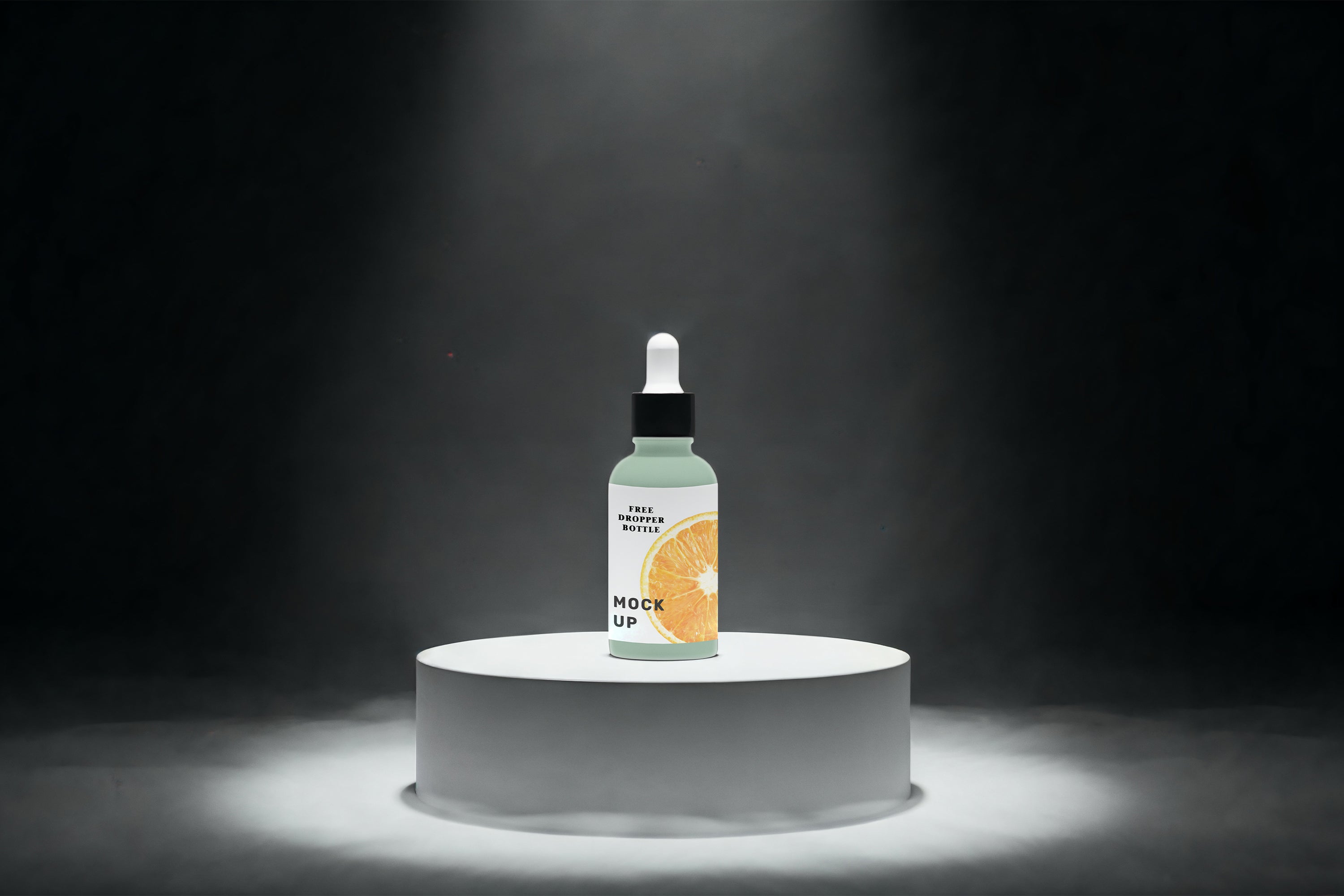 Free smoky spotlight dropper bottle mockup on pedestal