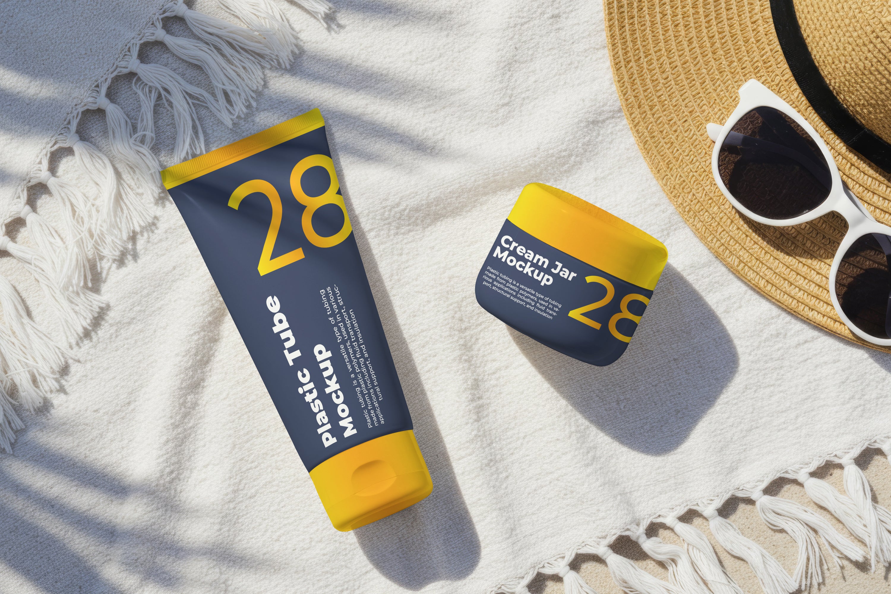Fee Plastic Tube and Cream Jar on White Towel Mockup