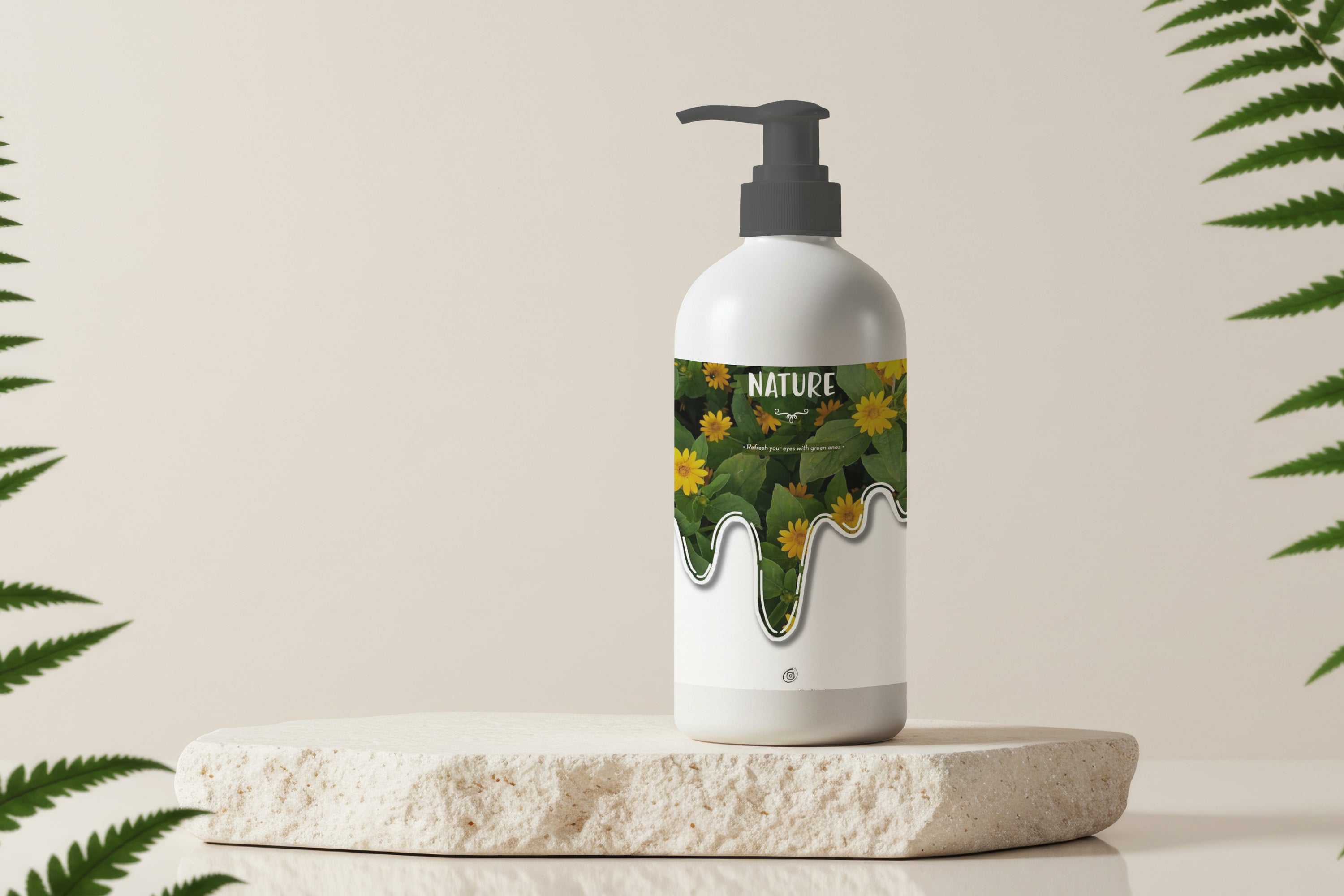 Free pump shampoo bottle mockup on stone pedestal with ferns