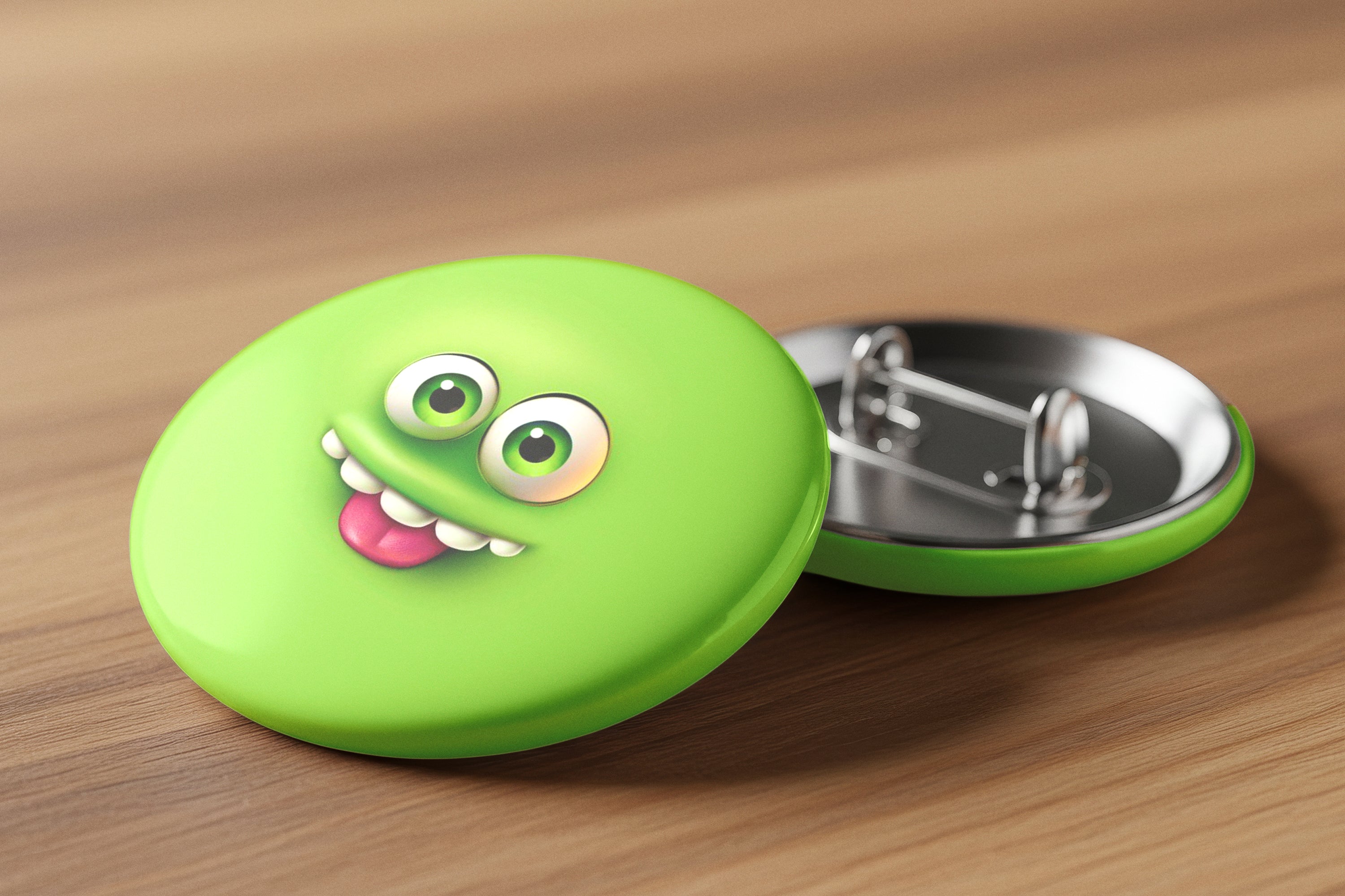 Free Round Pin Badge on Table Mockup