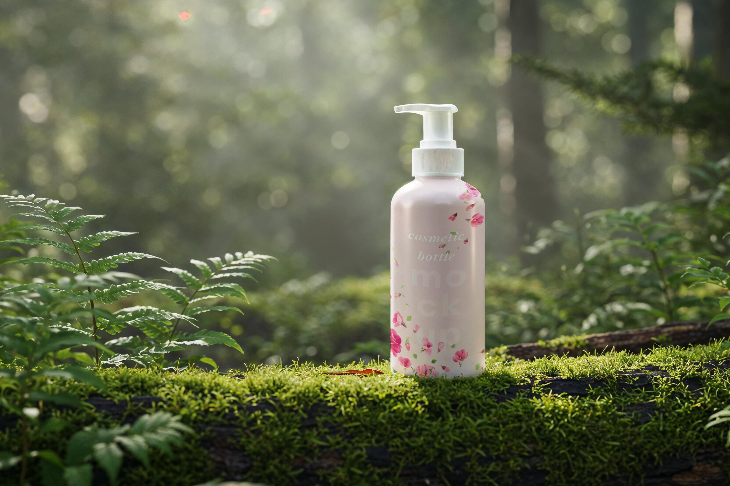 Free Bottle on Mossy Log Mockup
