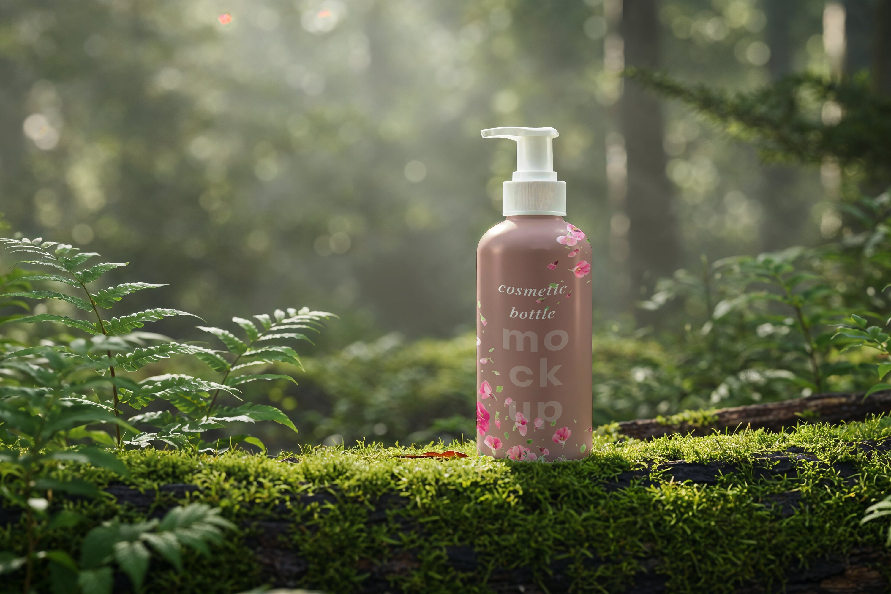 Free Bottle on Mossy Log Mockup