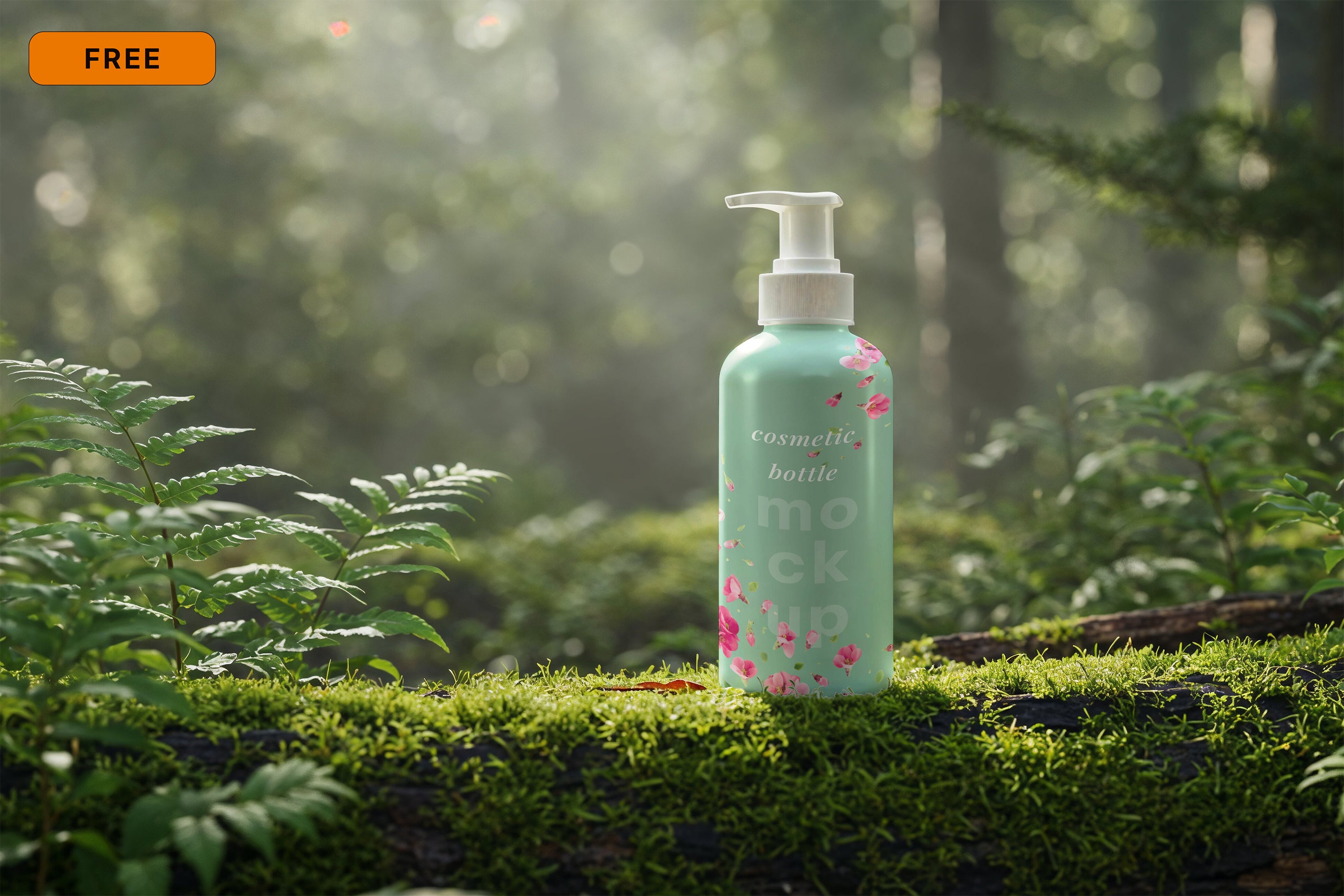 Free Bottle on Mossy Log Mockup