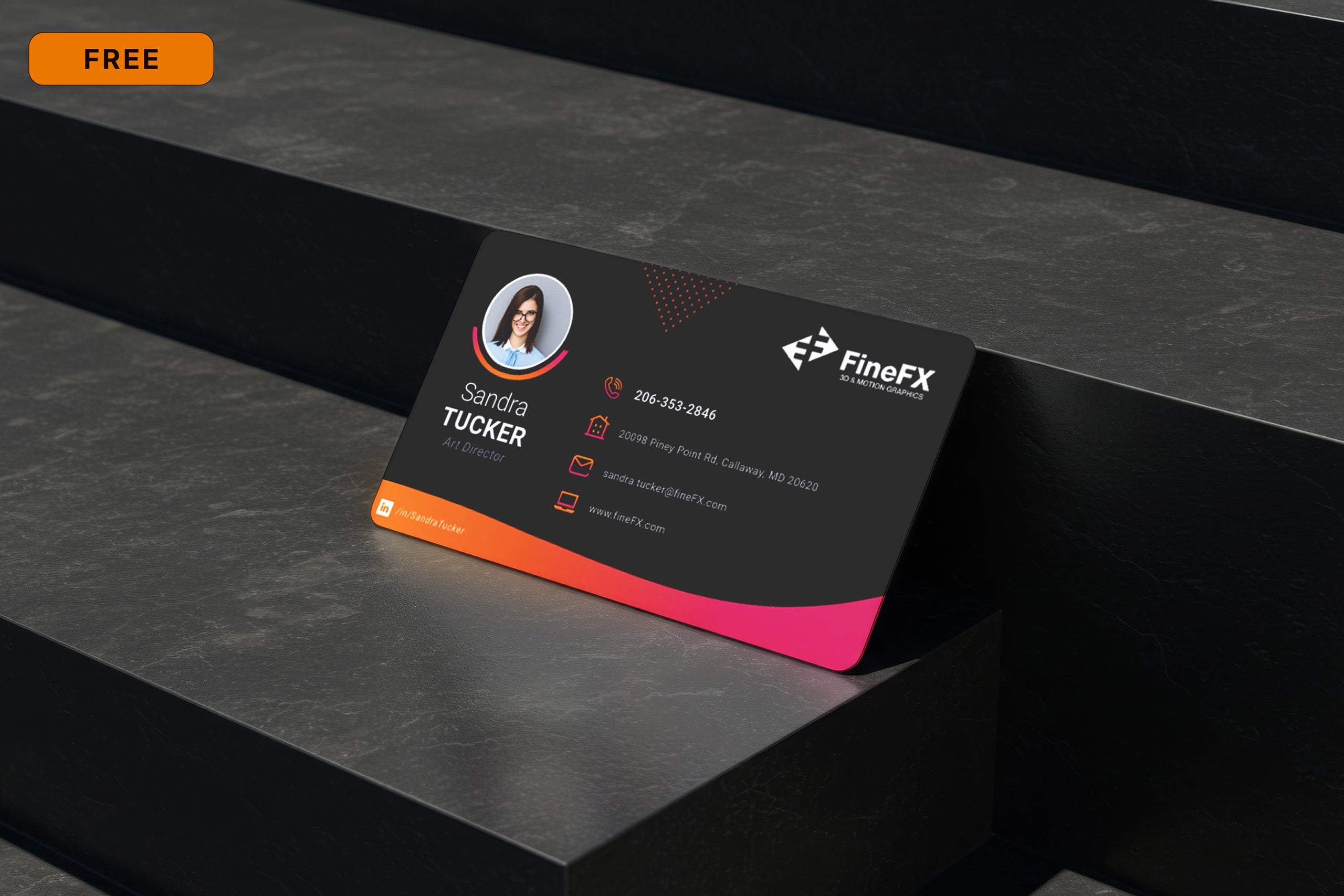Free business card on dark steps mockup with clean shadows