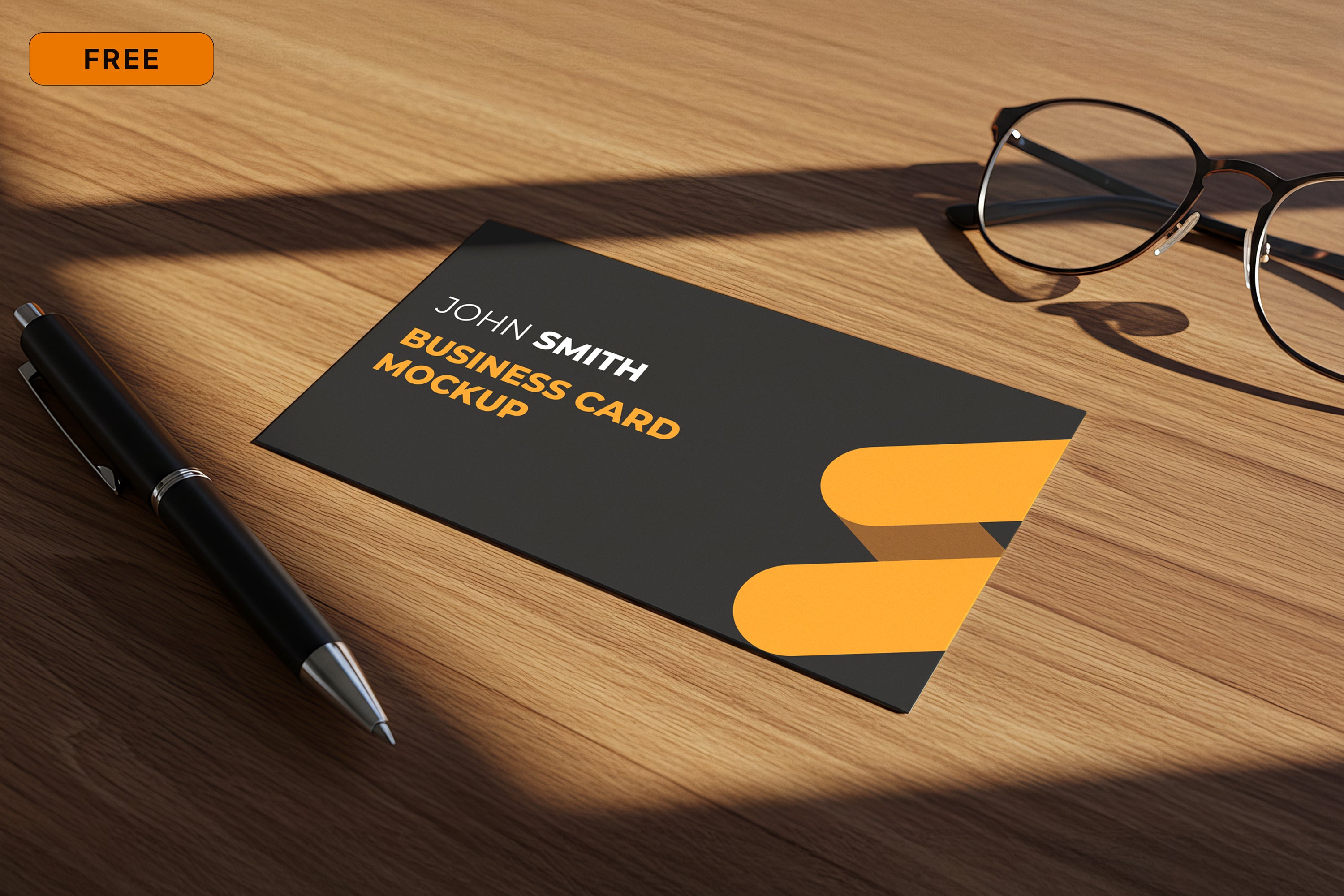 Free Business Card on Wooden Desk Mockup