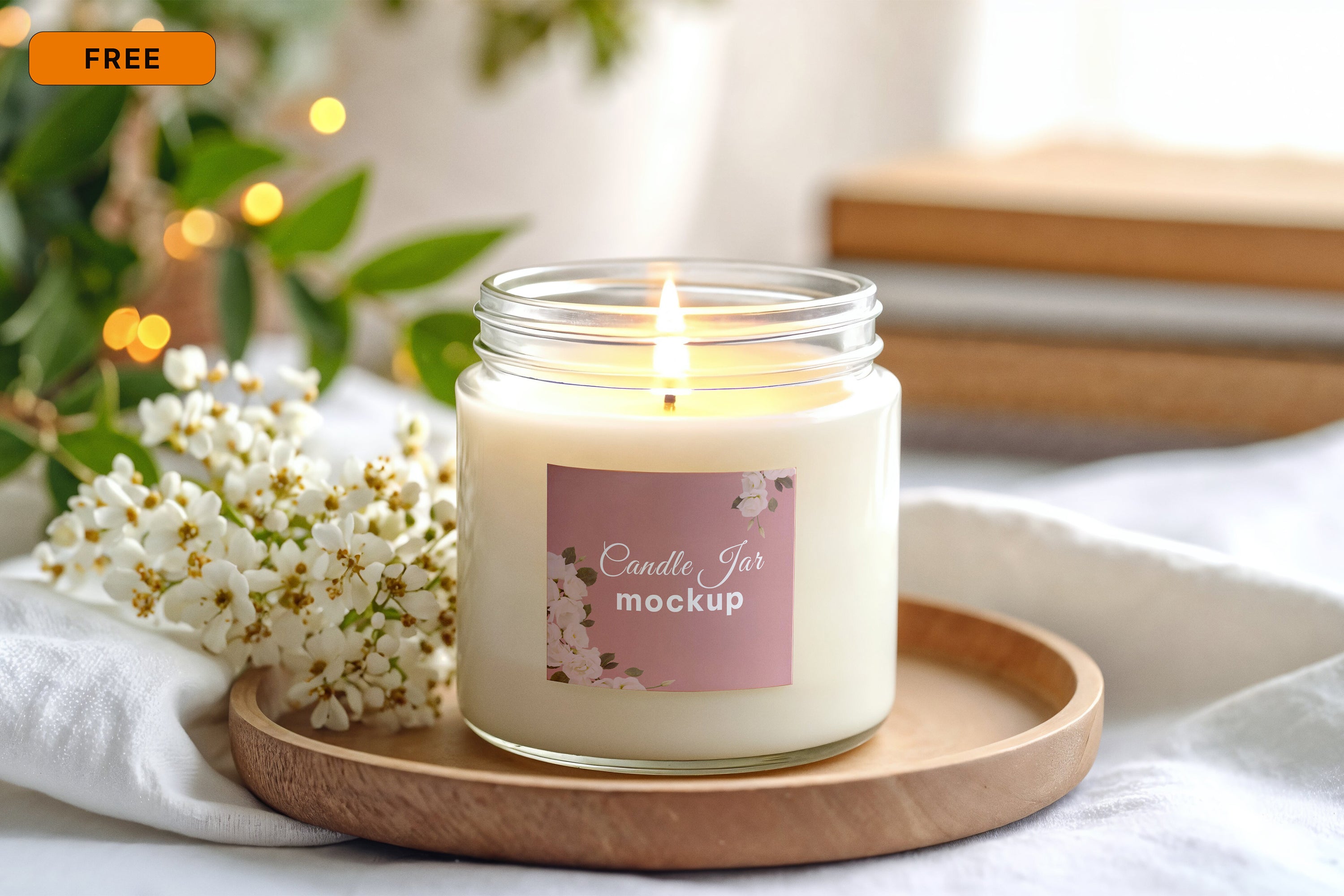 Free Candle Jar with Decor Mockup