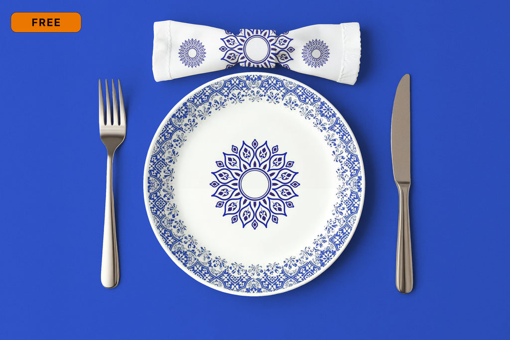 Free Ceramic Plate on Dining Table Mockup