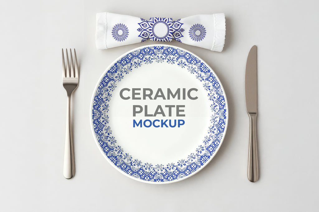 Free Ceramic Plate on Dining Table Mockup