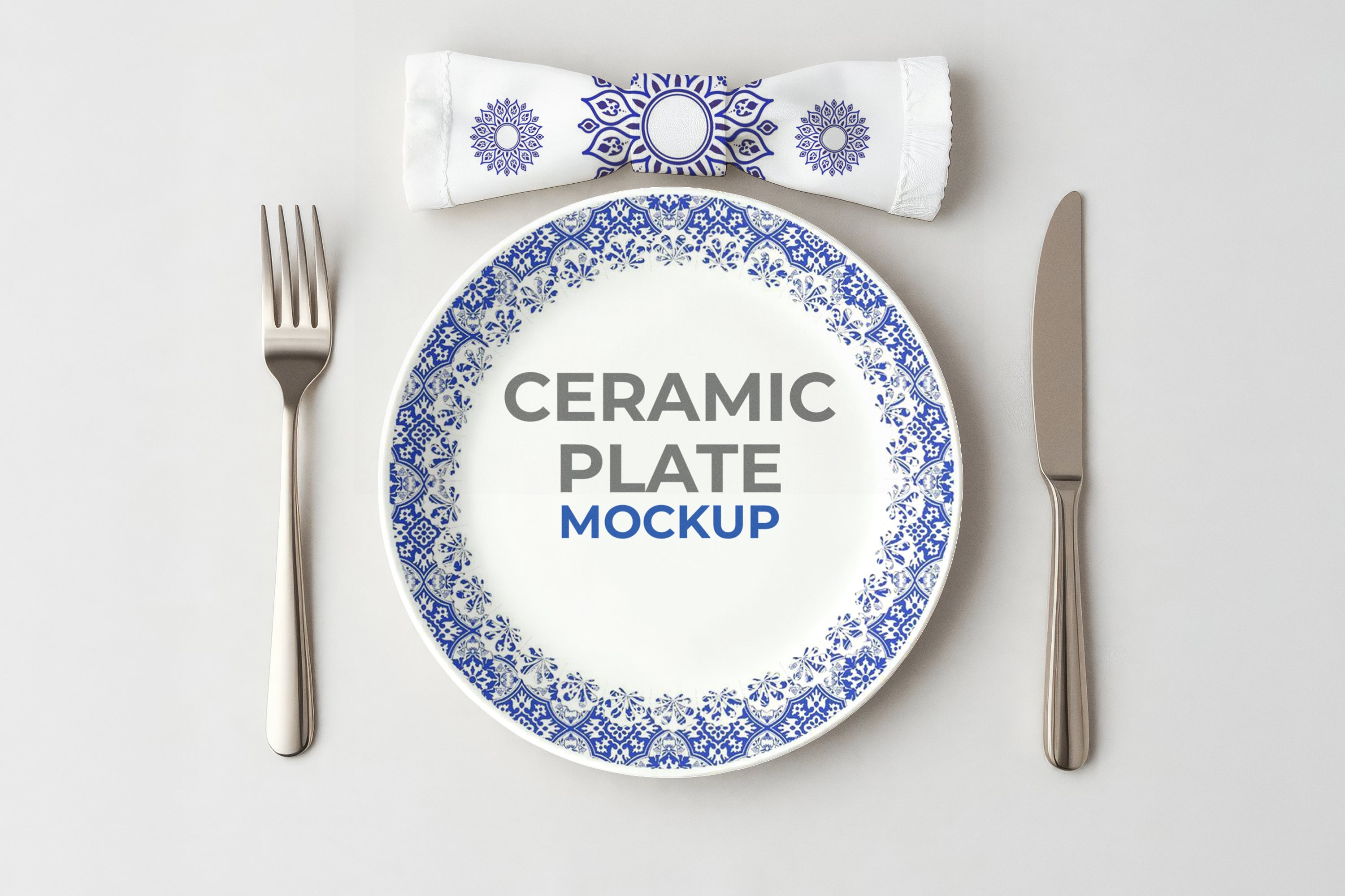 Free Ceramic Plate on Dining Table Mockup