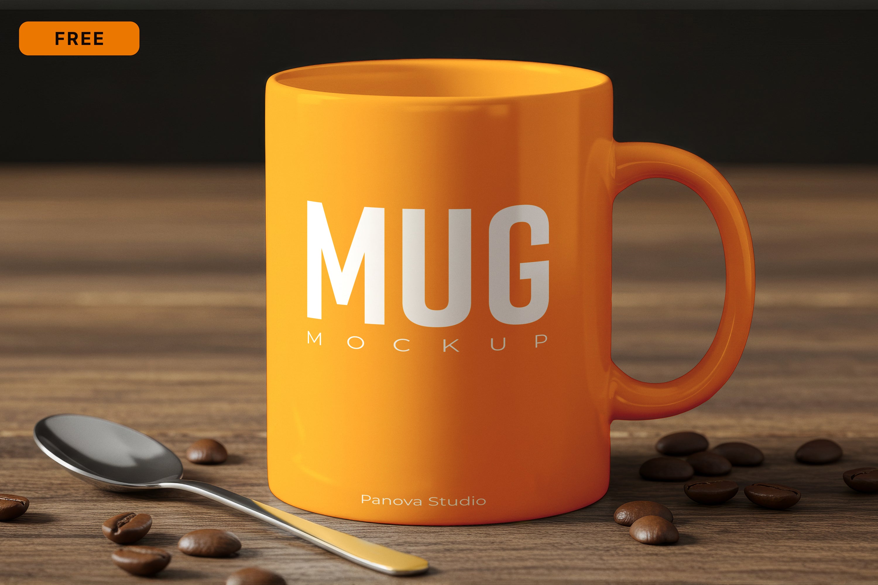 Free Coffee Mug on Wooden Table Mockup