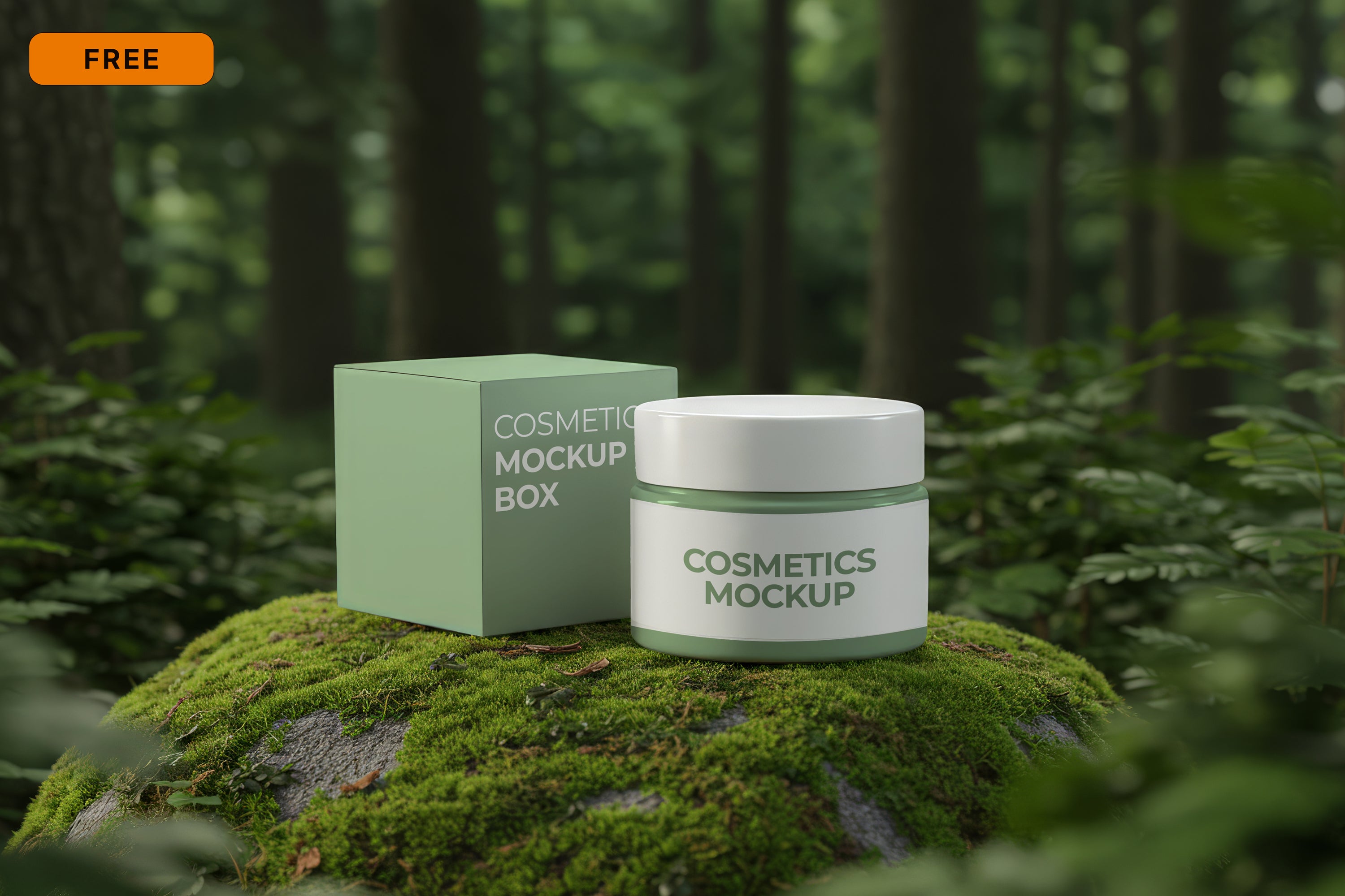 Free Cosmetic Jar with Box in Forest Mockup