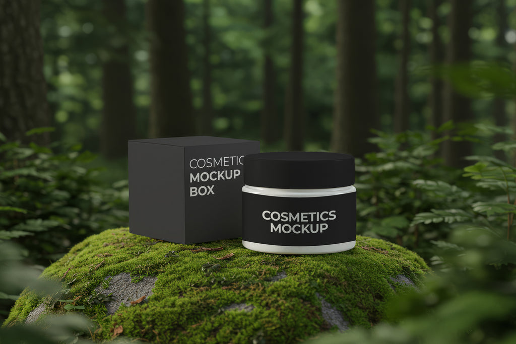 Free Cosmetic Jar with Box in Forest Mockup