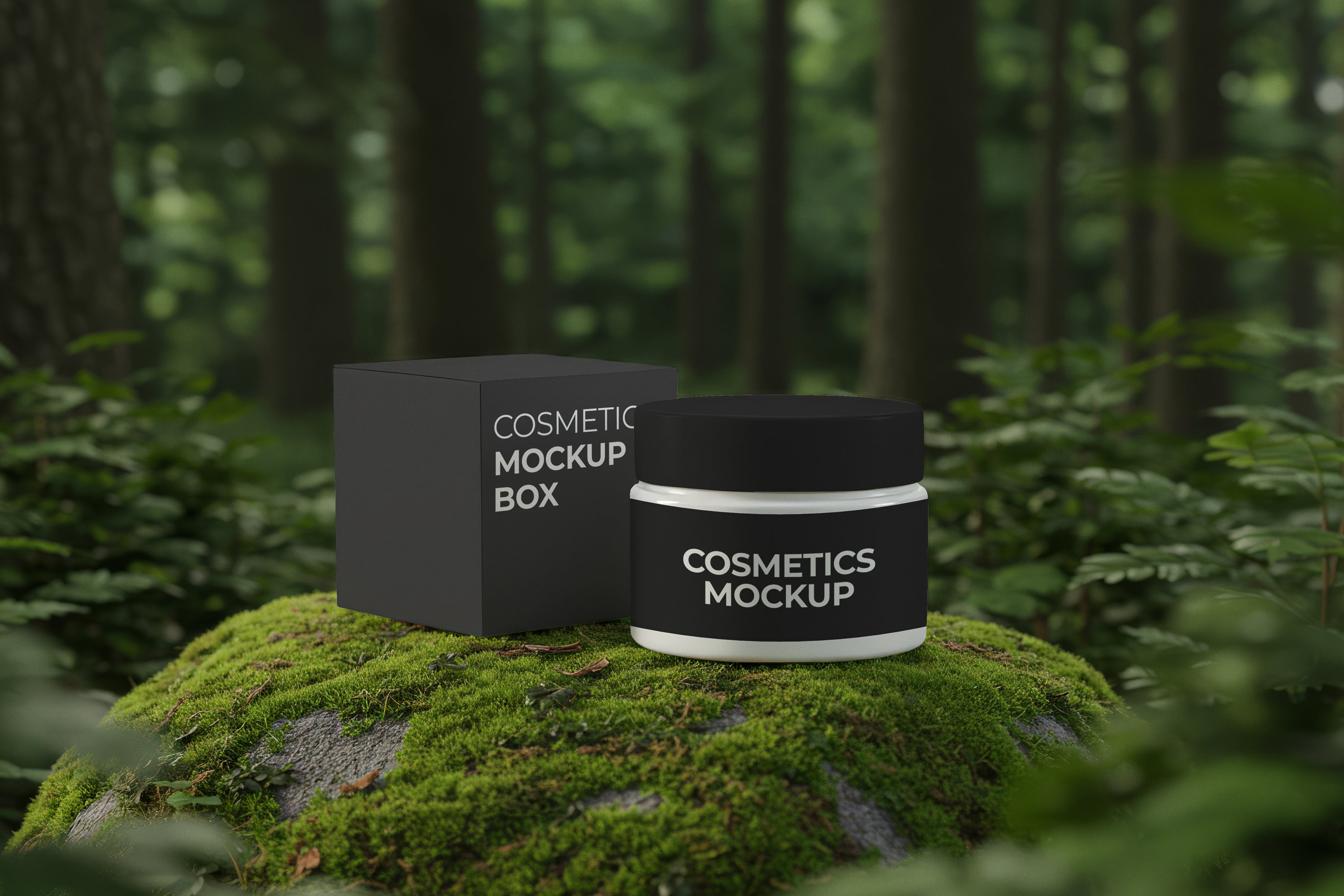 Free Cosmetic Jar with Box in Forest Mockup