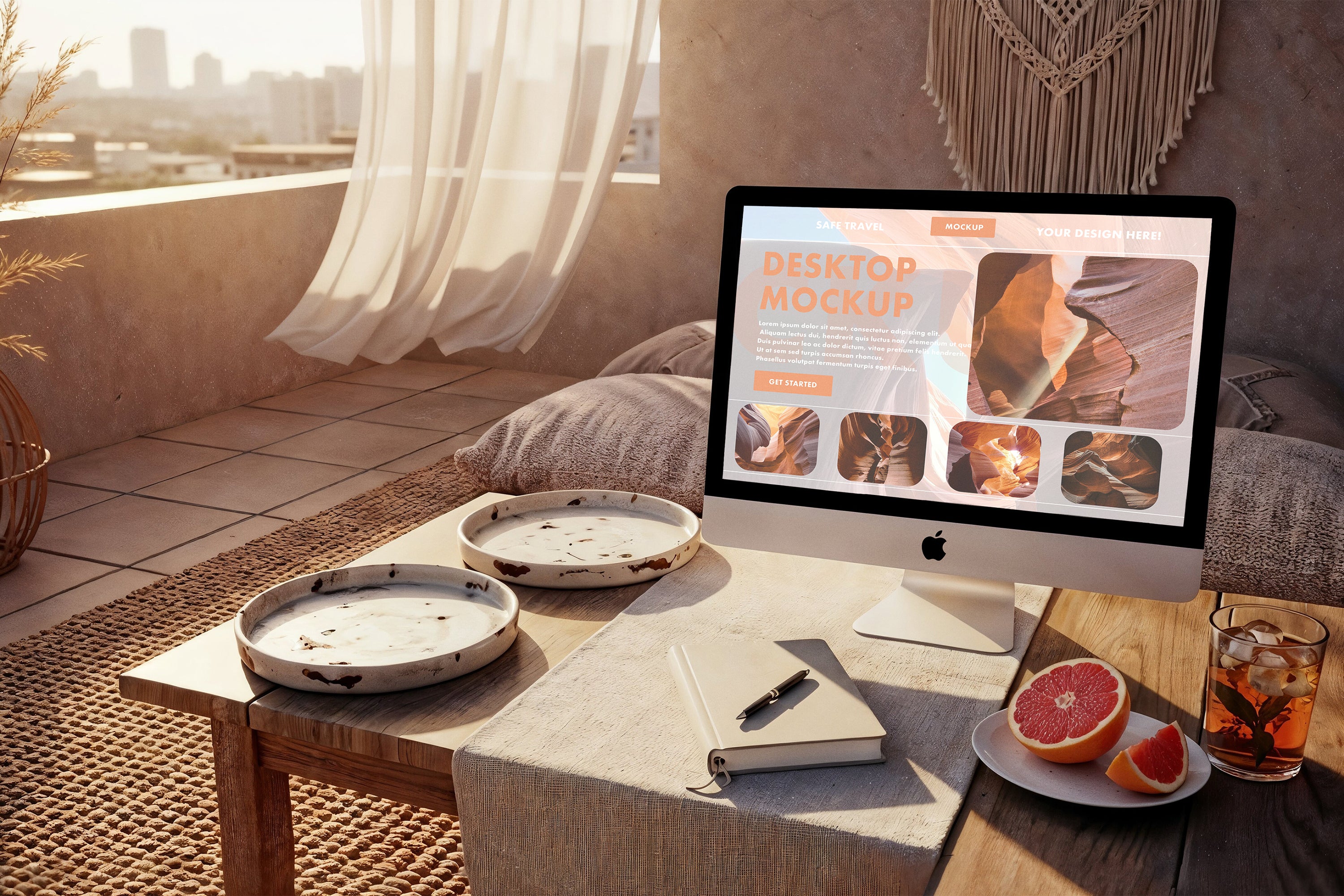 Premium Devices in Cozy Indoor Balcony Lounge Mockups