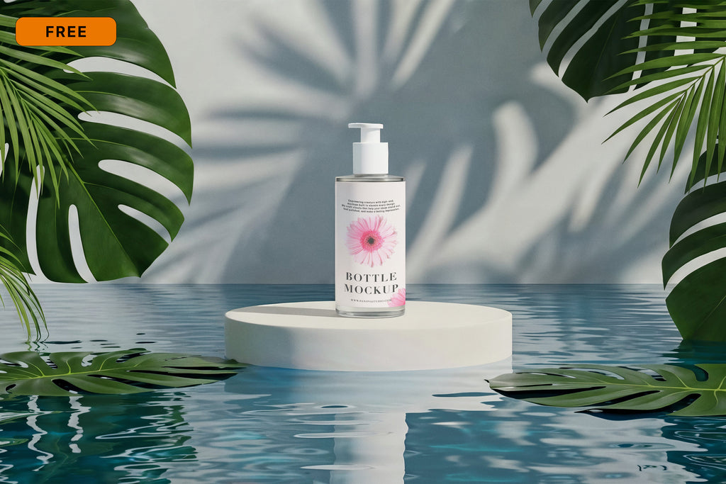 Free Floating Skincare Bottle Tropical Mockup