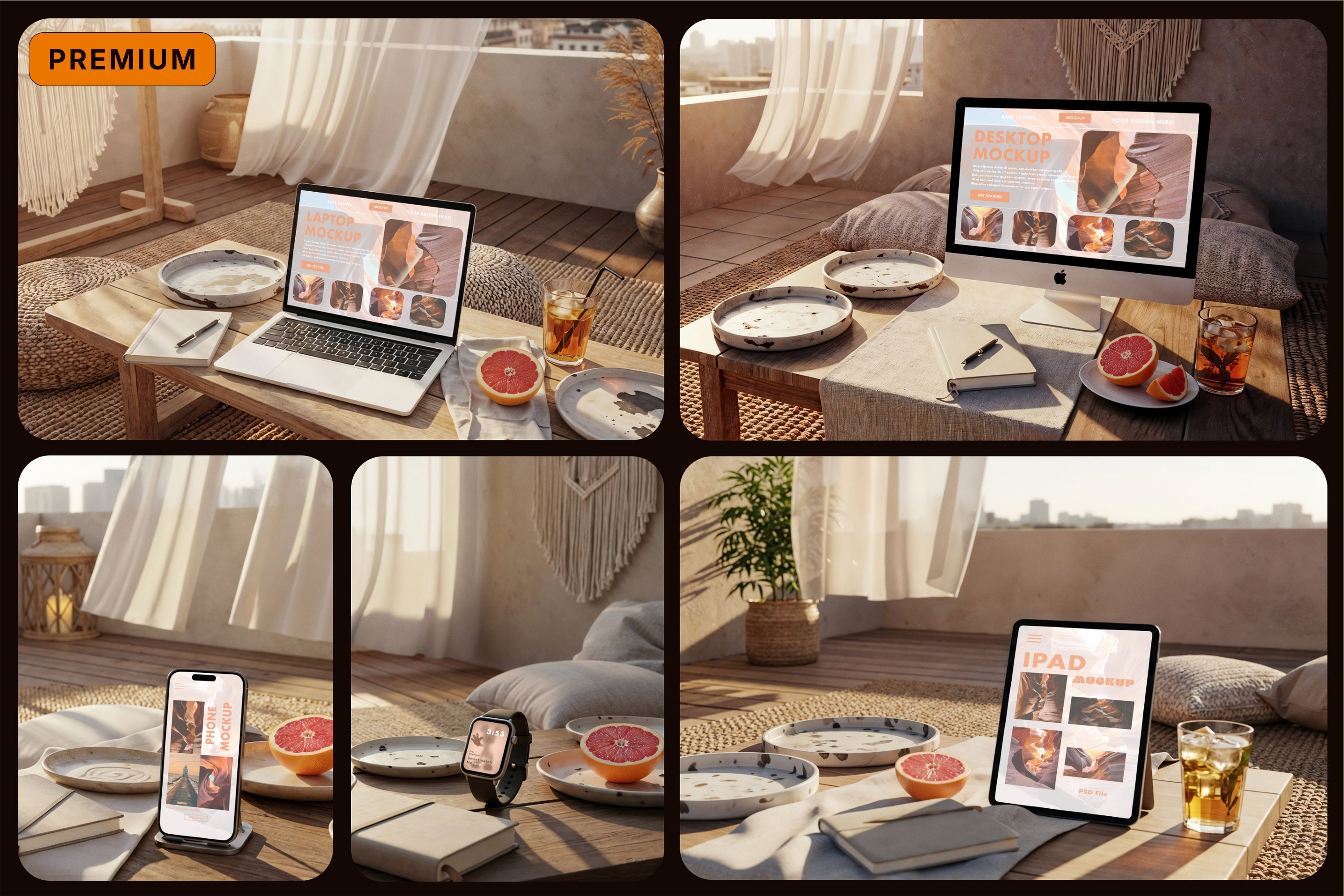 Premium Devices in Cozy Indoor Balcony Lounge Mockups
