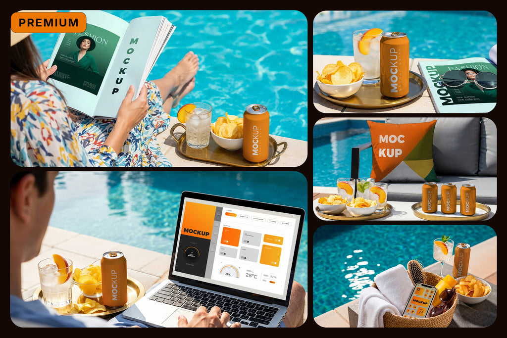 Premium Energy Drink Can Poolside Mockups Collection