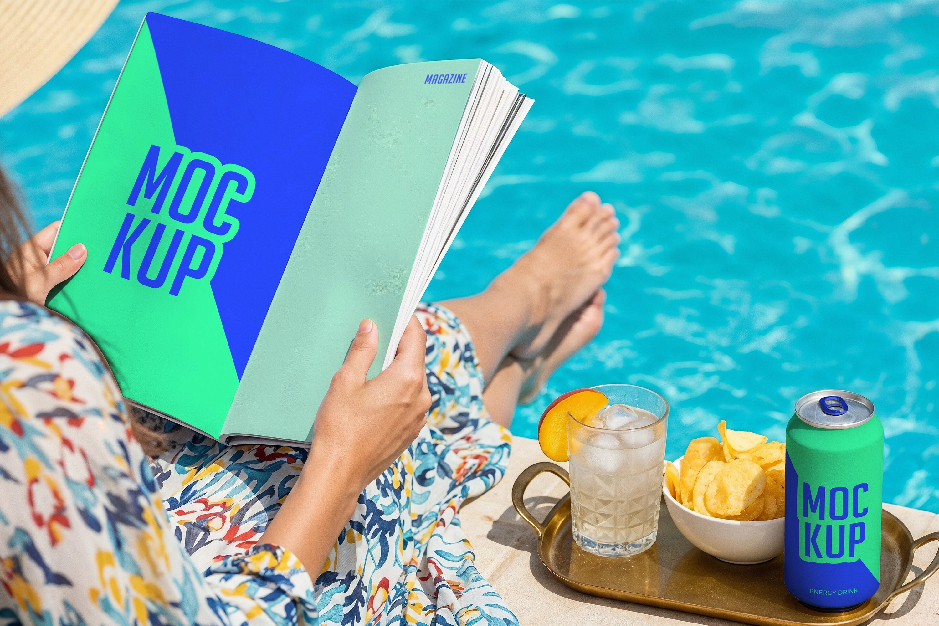 Premium Energy Drink Can Poolside Mockups Collection
