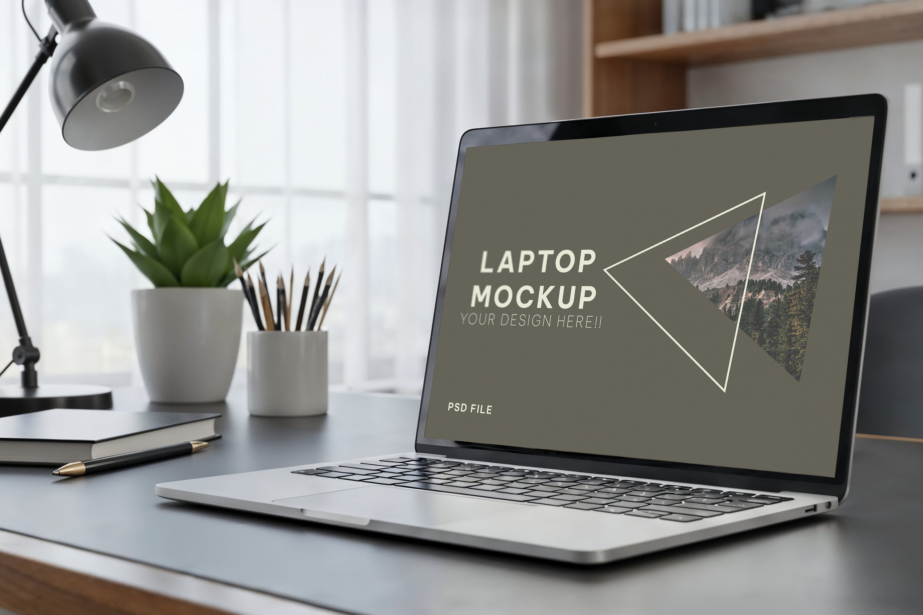 Free Laptop on Modern Office Desk Mockup