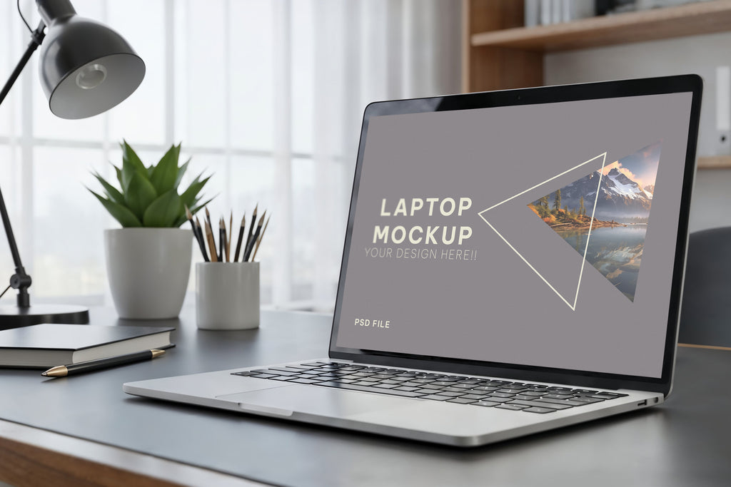 Free Laptop on Modern Office Desk Mockup