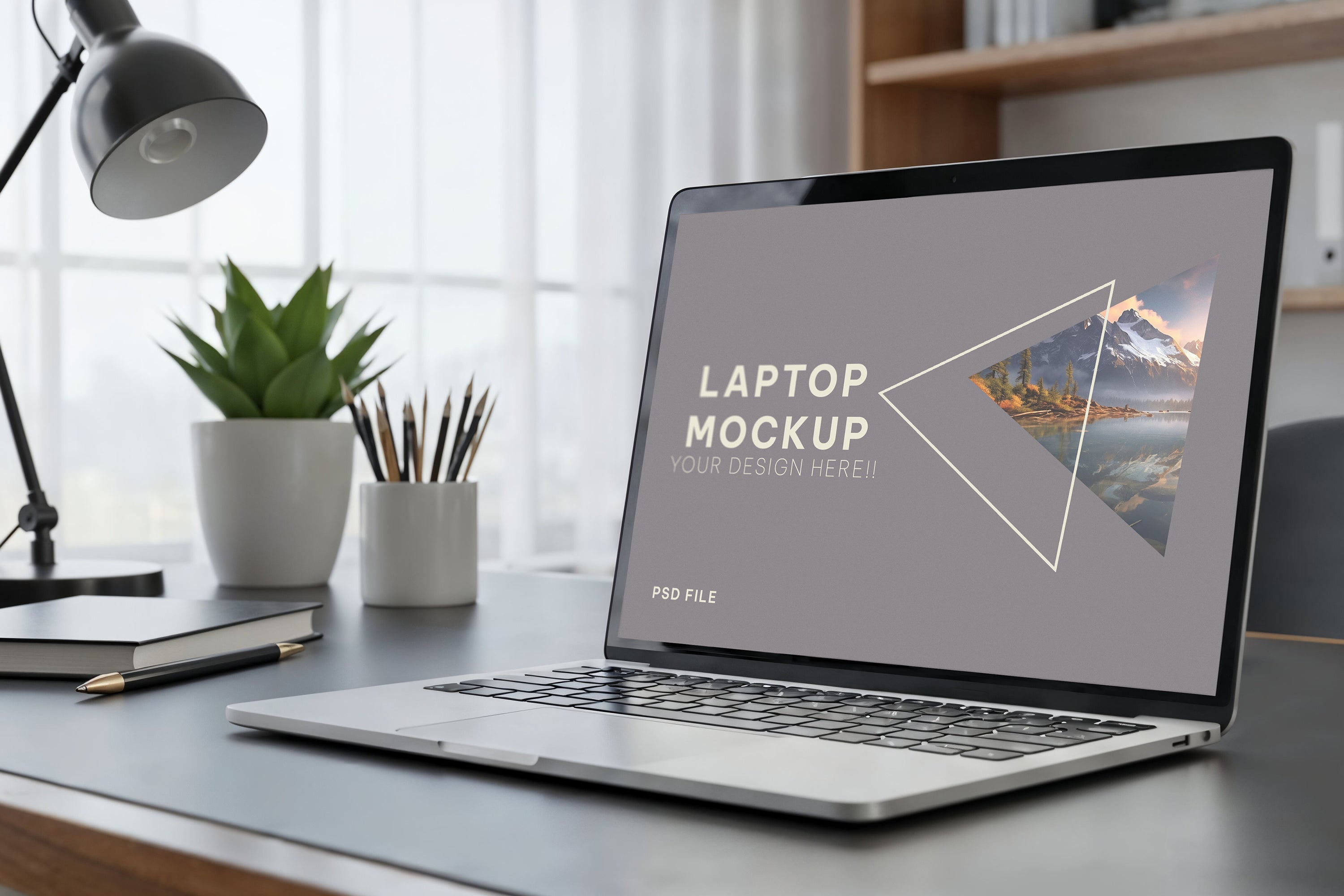Free Laptop on Modern Office Desk Mockup