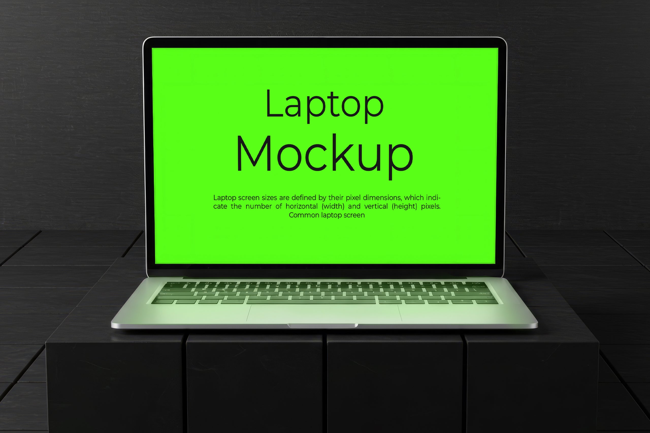 Free laptop on dark box mockup with geometric blocks