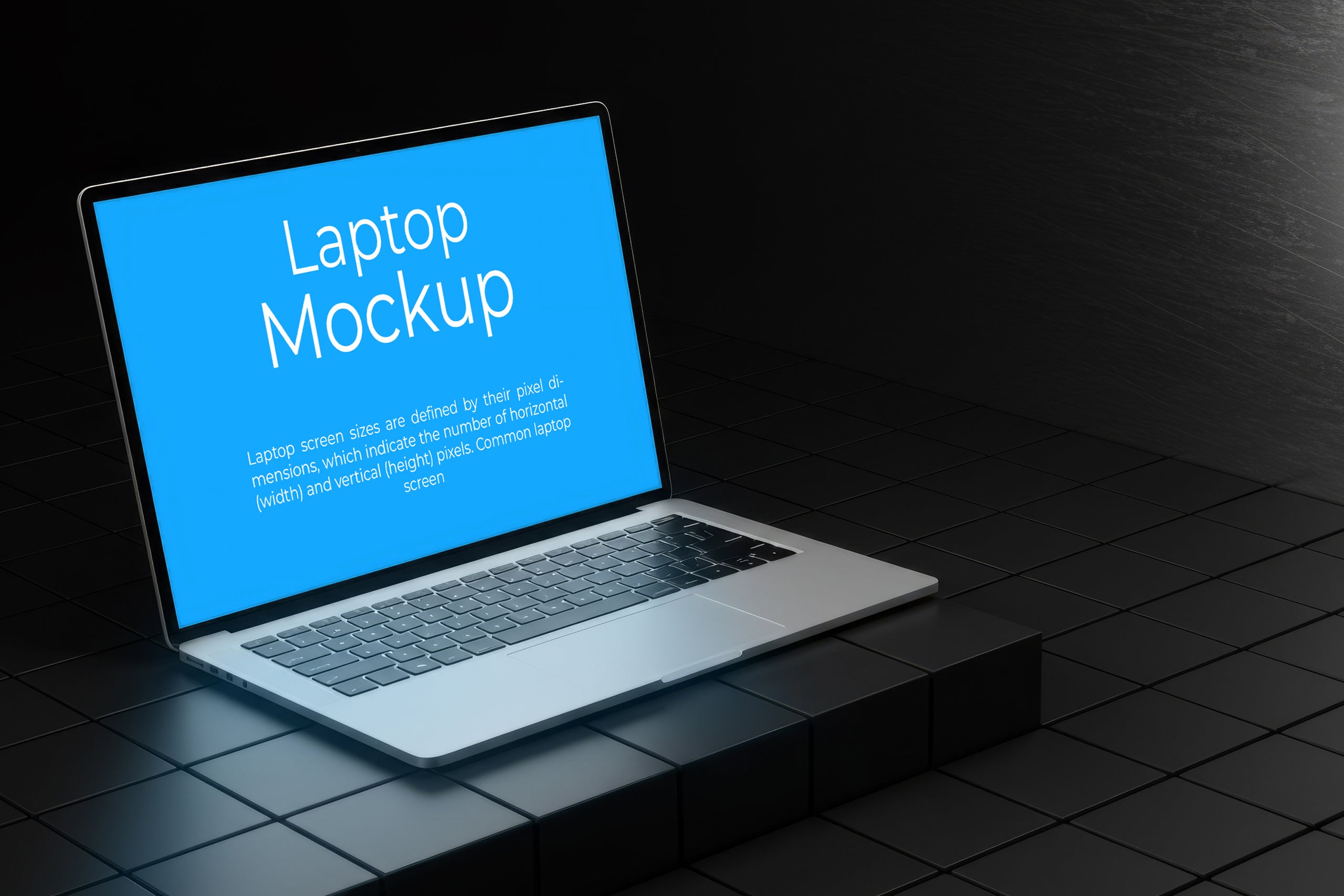 Free side view laptop on dark box mockup with neon screen