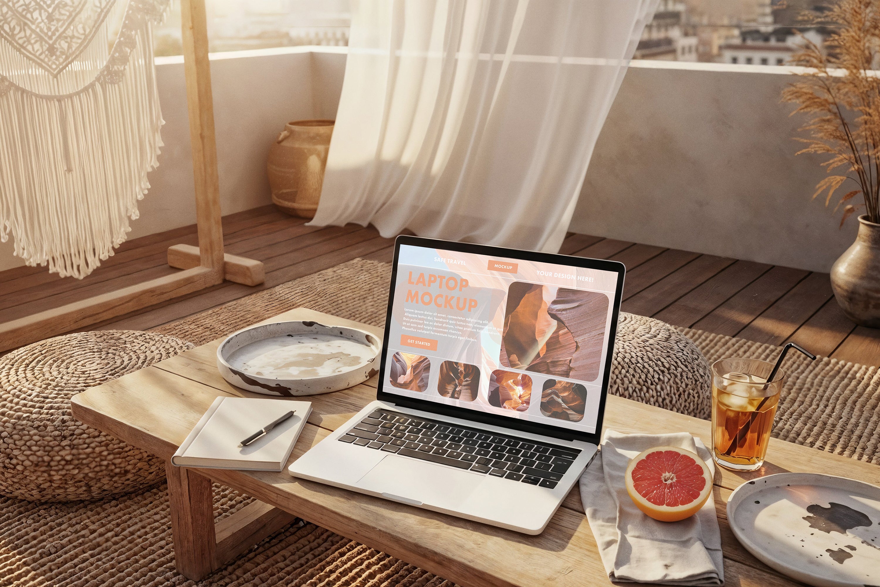 Premium Devices in Cozy Indoor Balcony Lounge Mockups