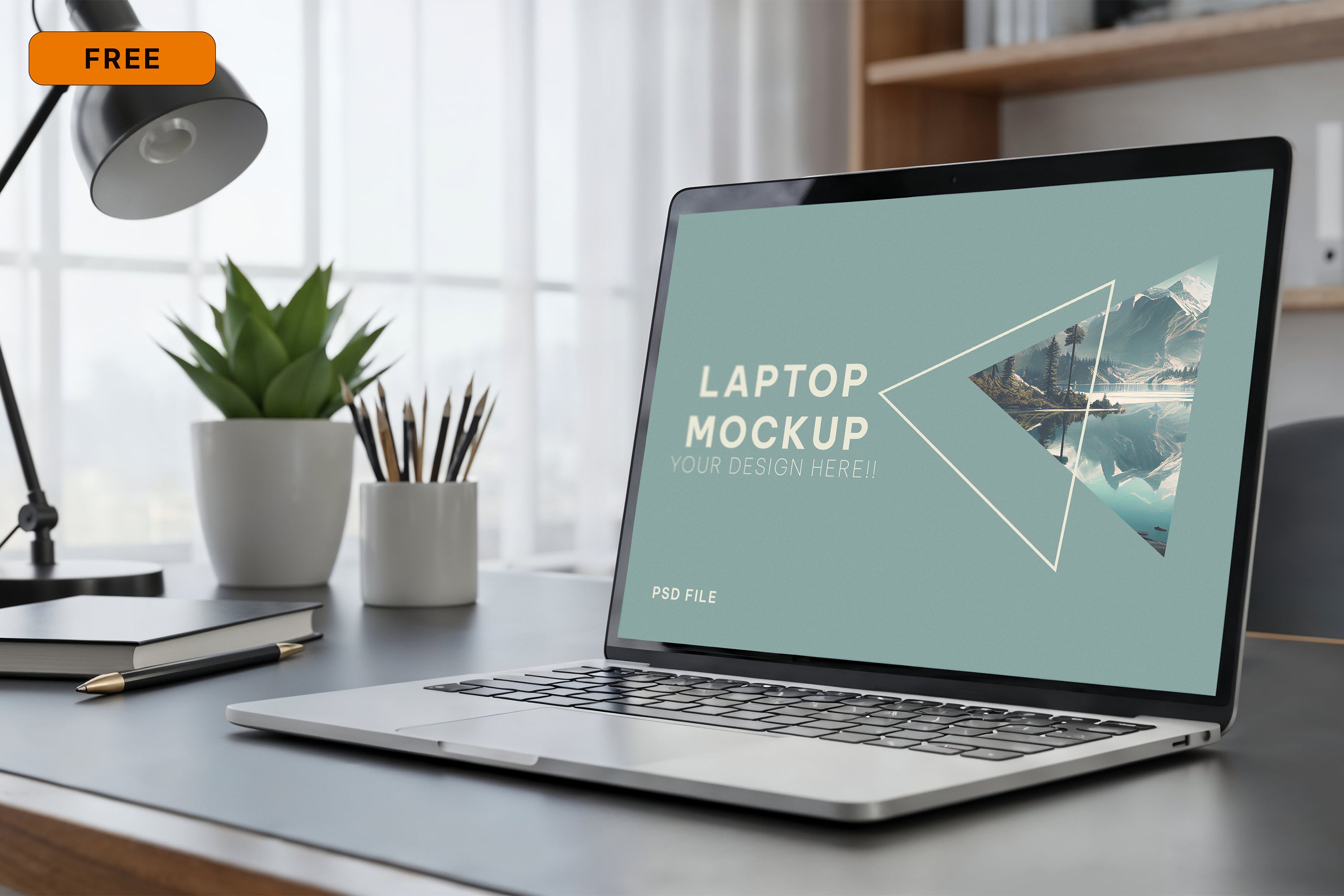 Free Laptop on Modern Office Desk Mockup