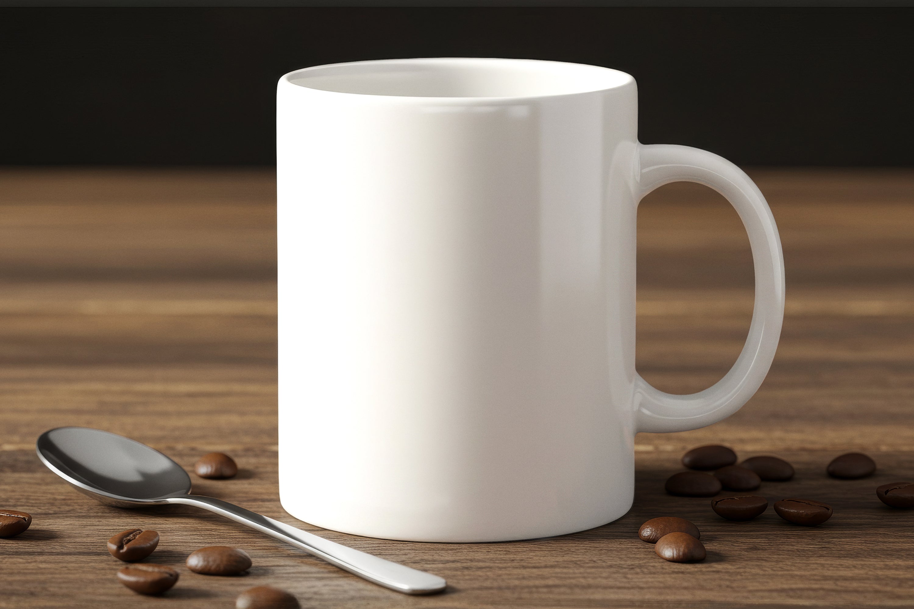 Free Coffee Mug on Wooden Table Mockup