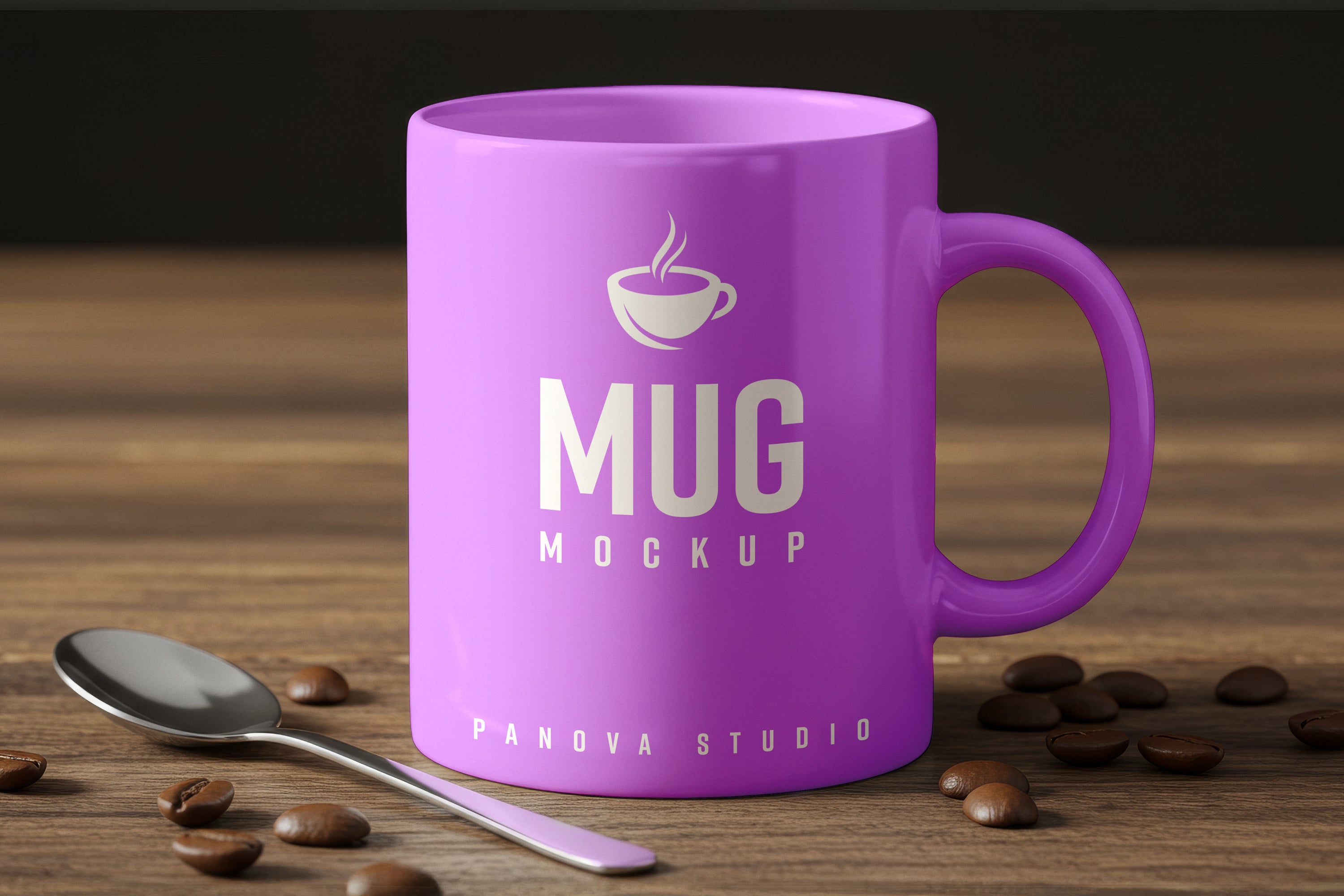 Free Coffee Mug on Wooden Table Mockup