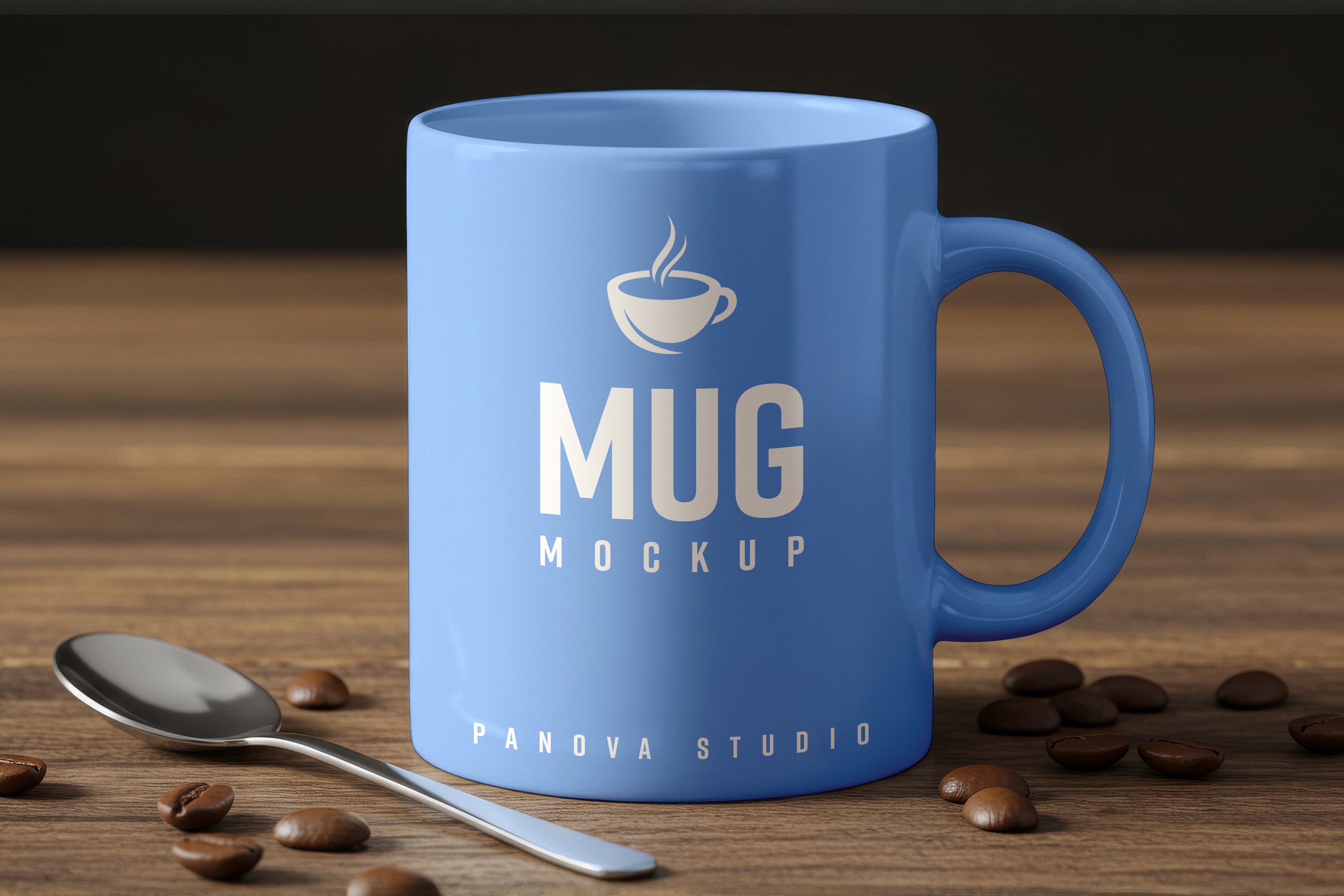 Free Coffee Mug on Wooden Table Mockup