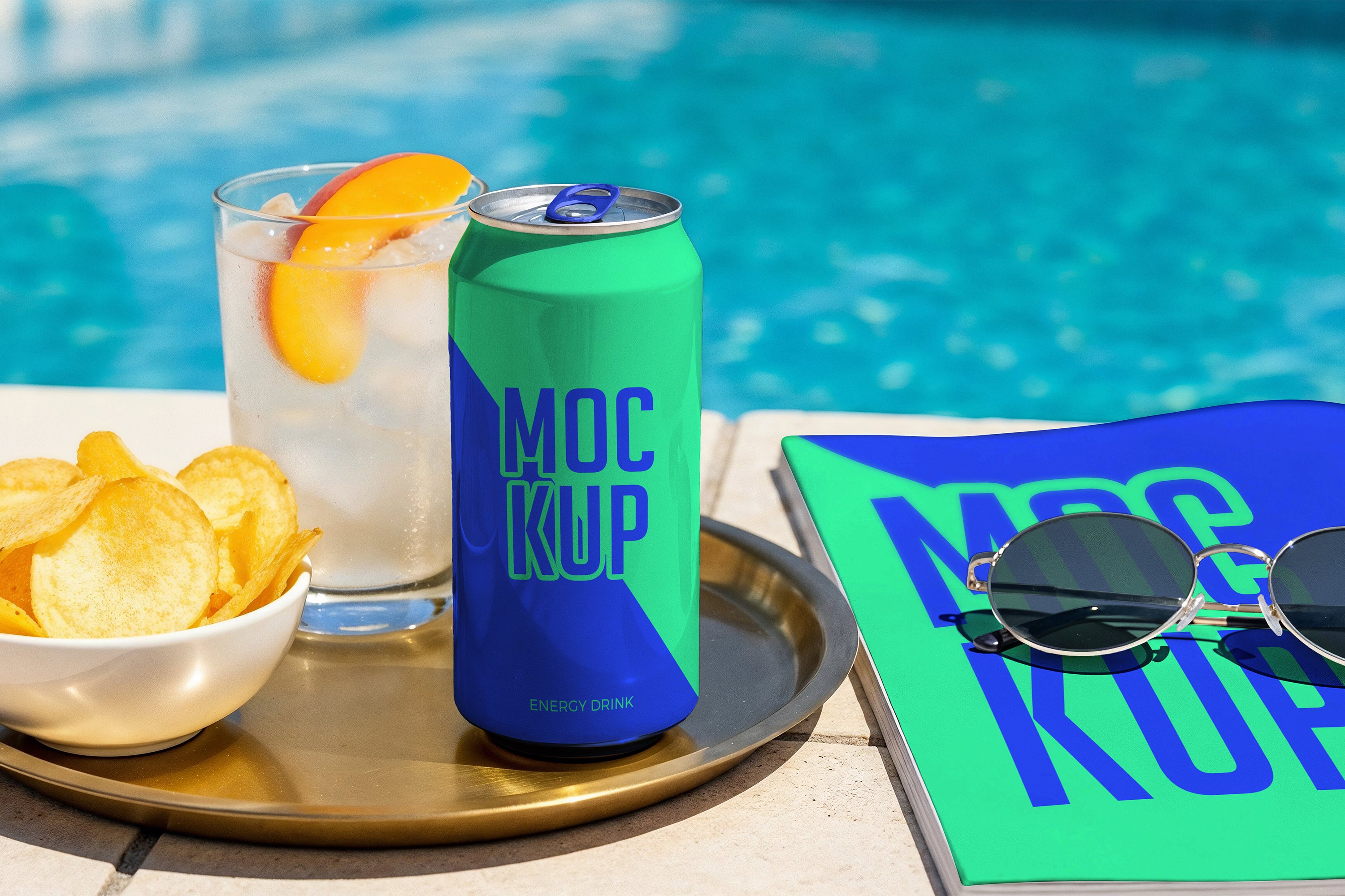 Premium Energy Drink Can Poolside Mockups Collection