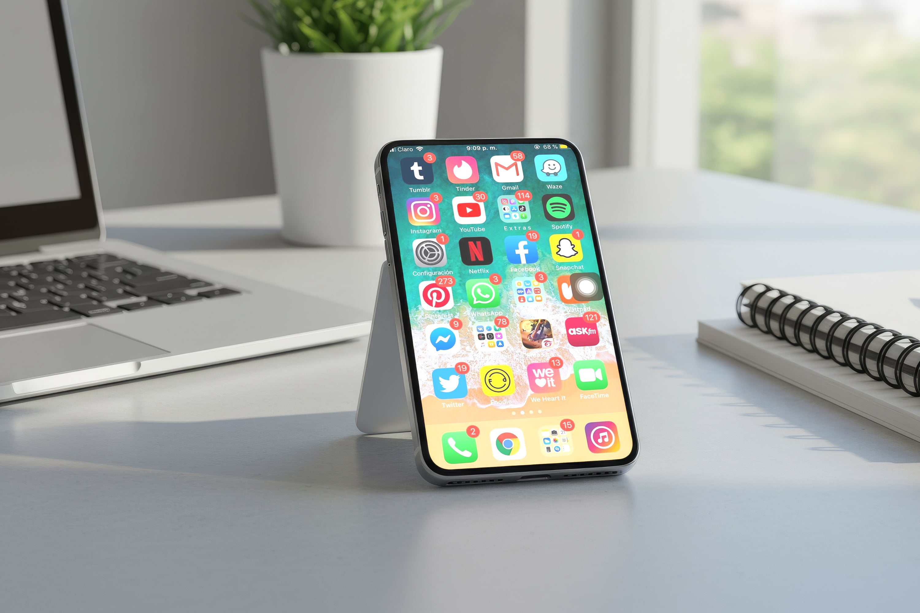 Free Smartphone on Office Desk Mockup