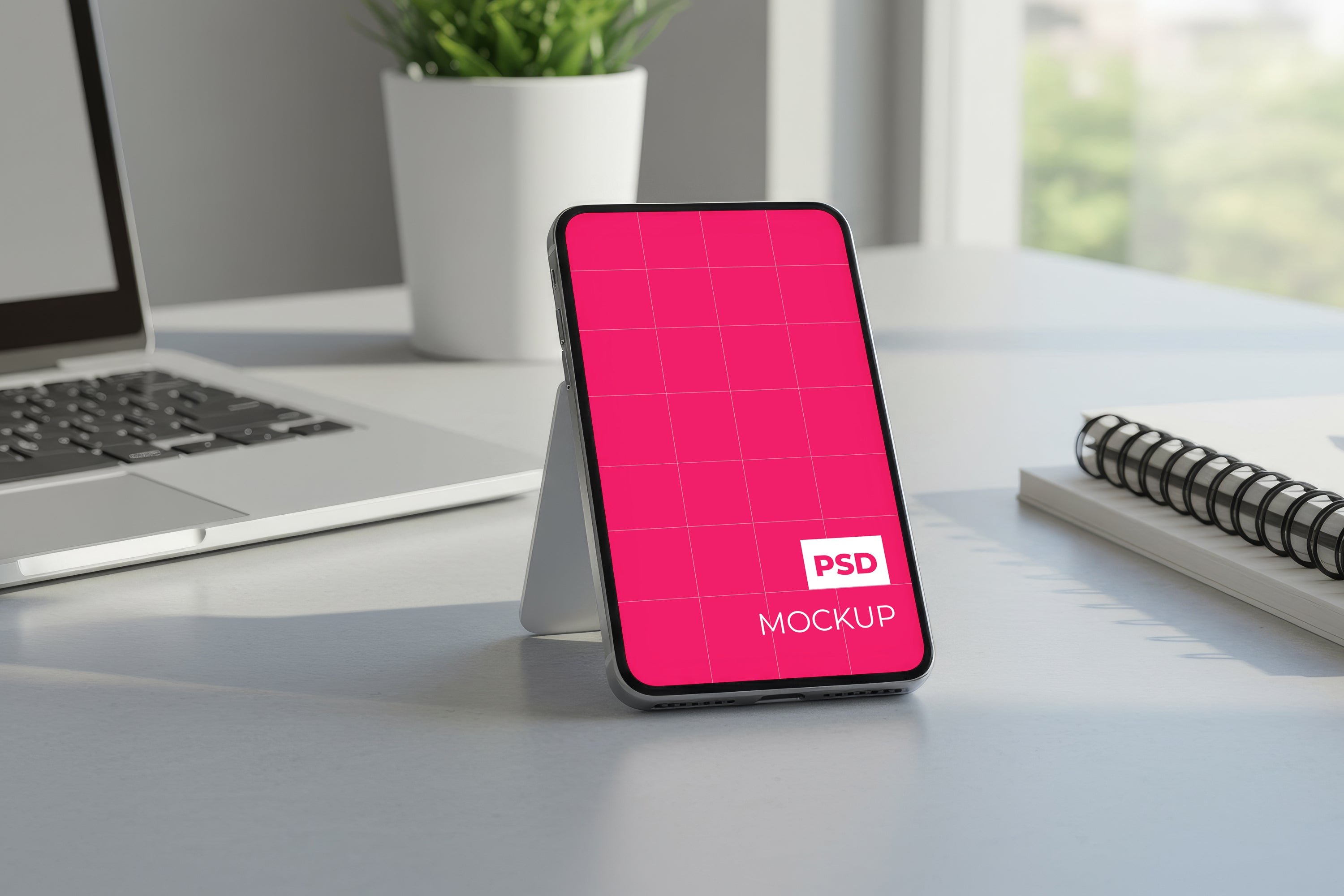 Free Smartphone on Office Desk Mockup