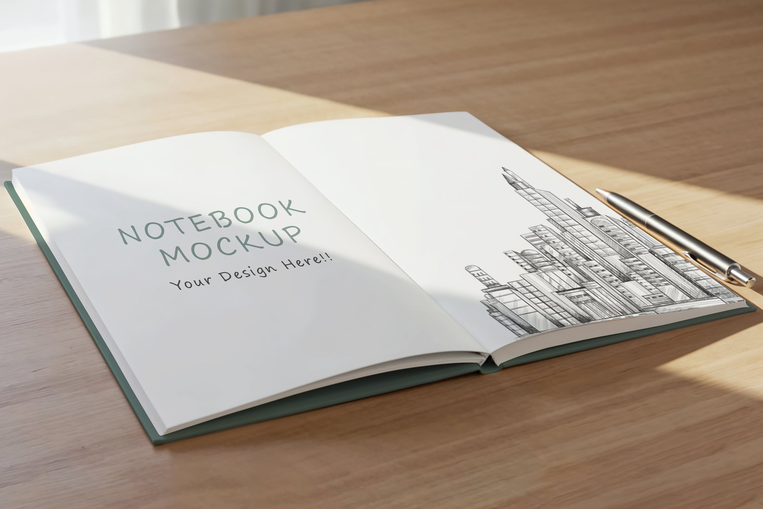 Free Notebook and Pen on Desk Mockup