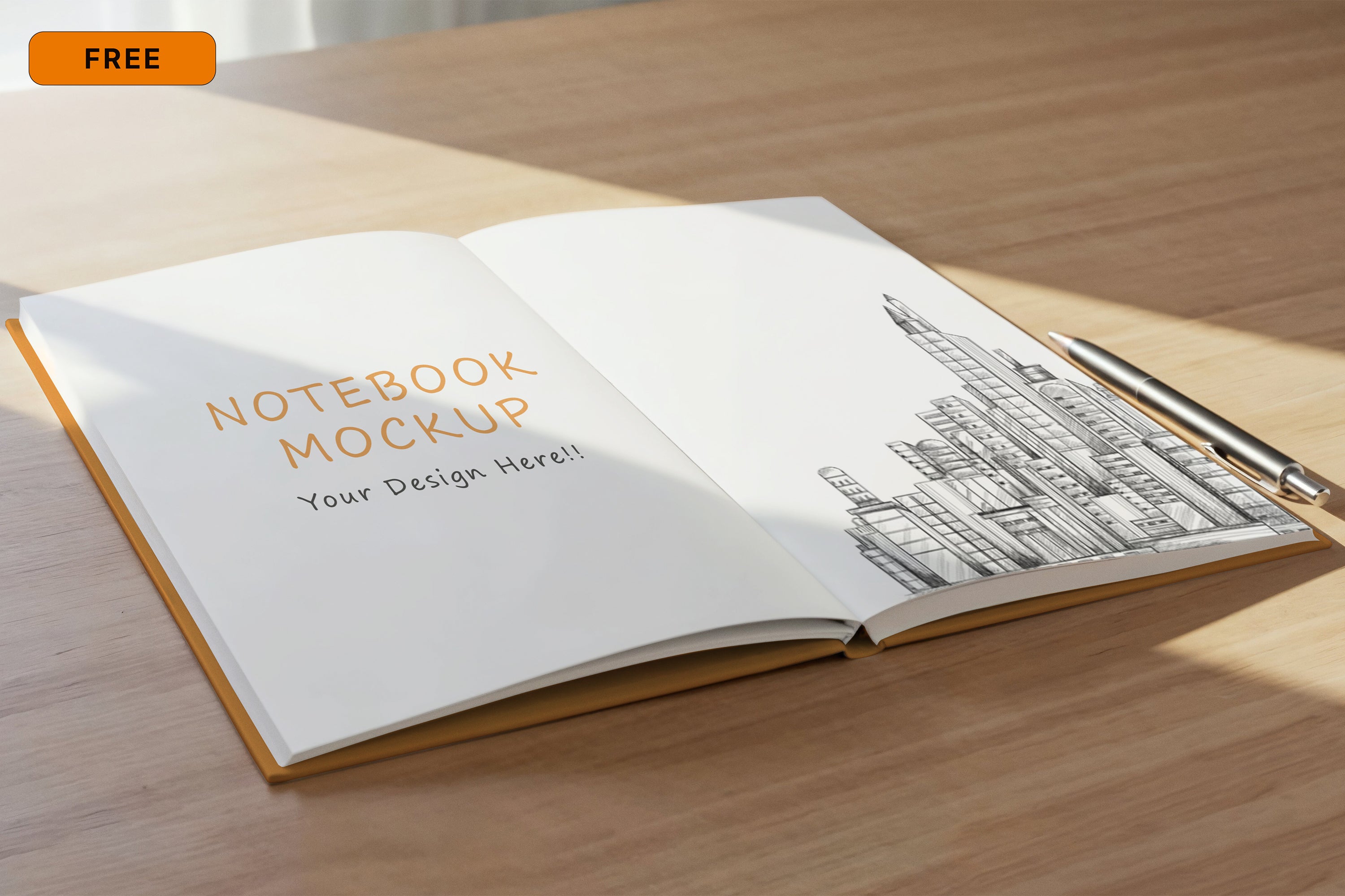 Free Notebook and Pen on Desk Mockup