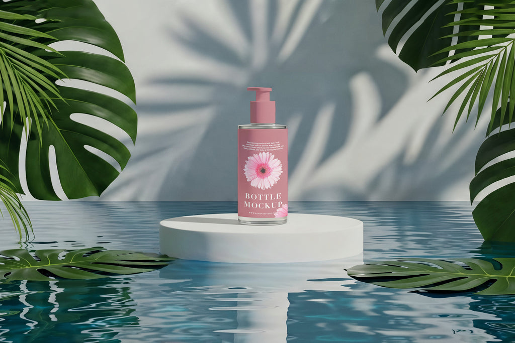 Free Floating Skincare Bottle Tropical Mockup