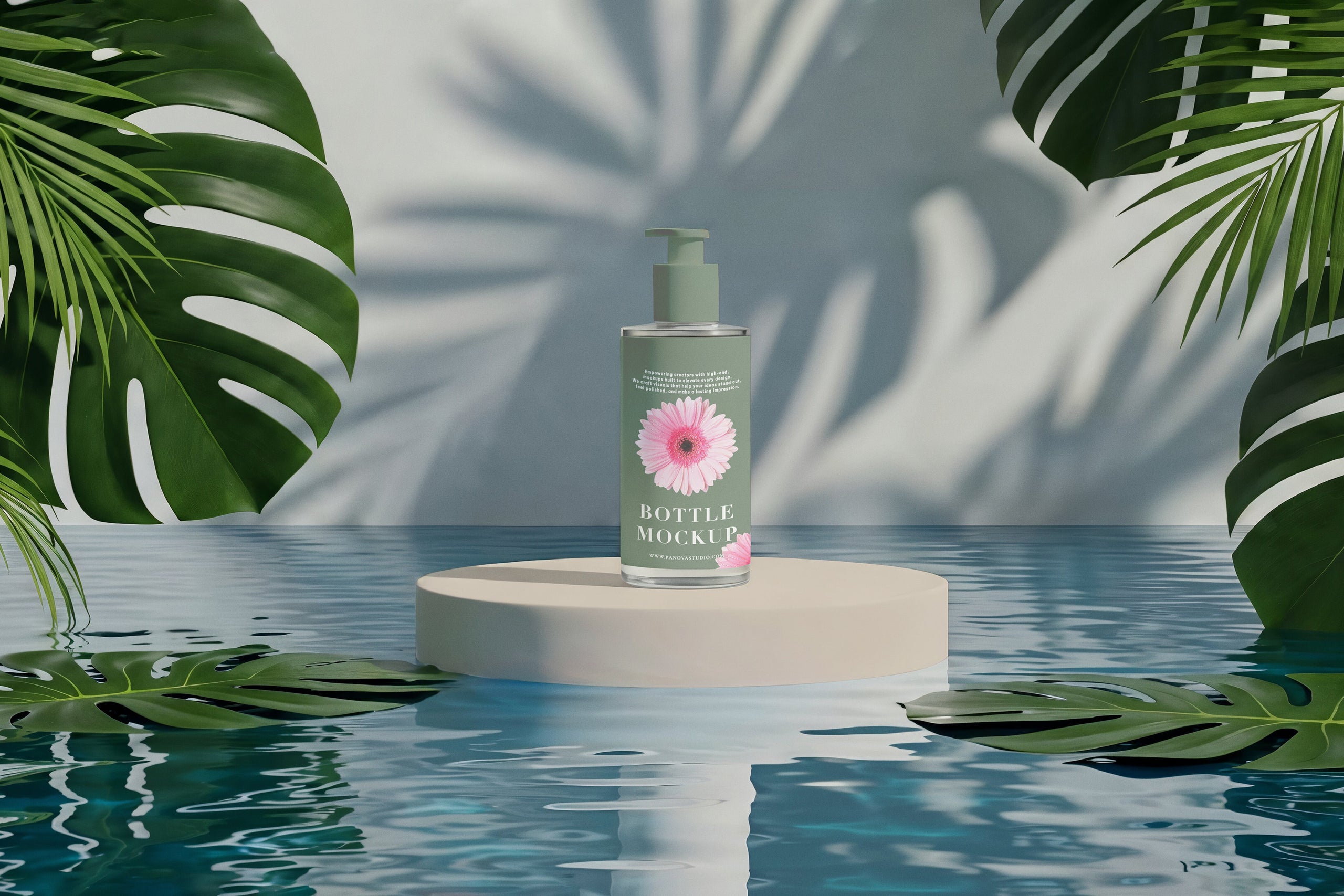 Free floating skincare bottle tropical mockup with water reflections