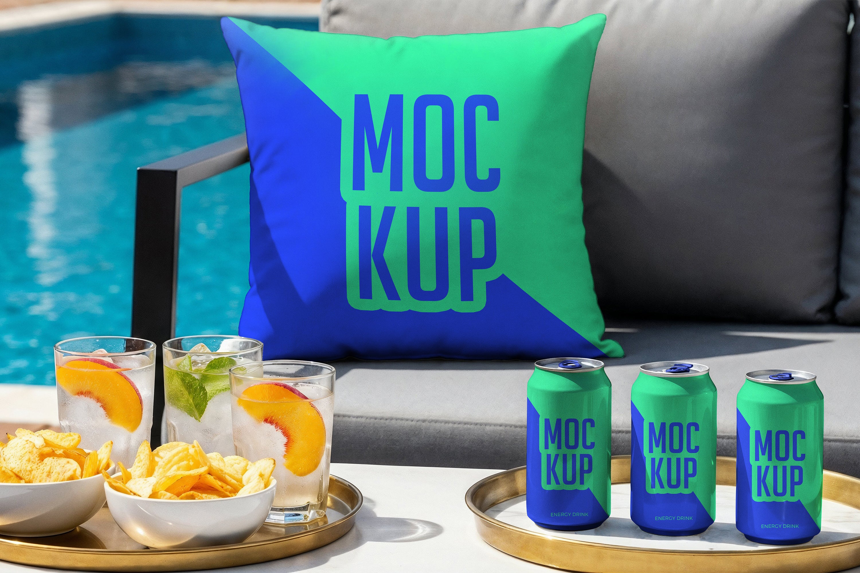 Premium Energy Drink Can Poolside Mockups Collection