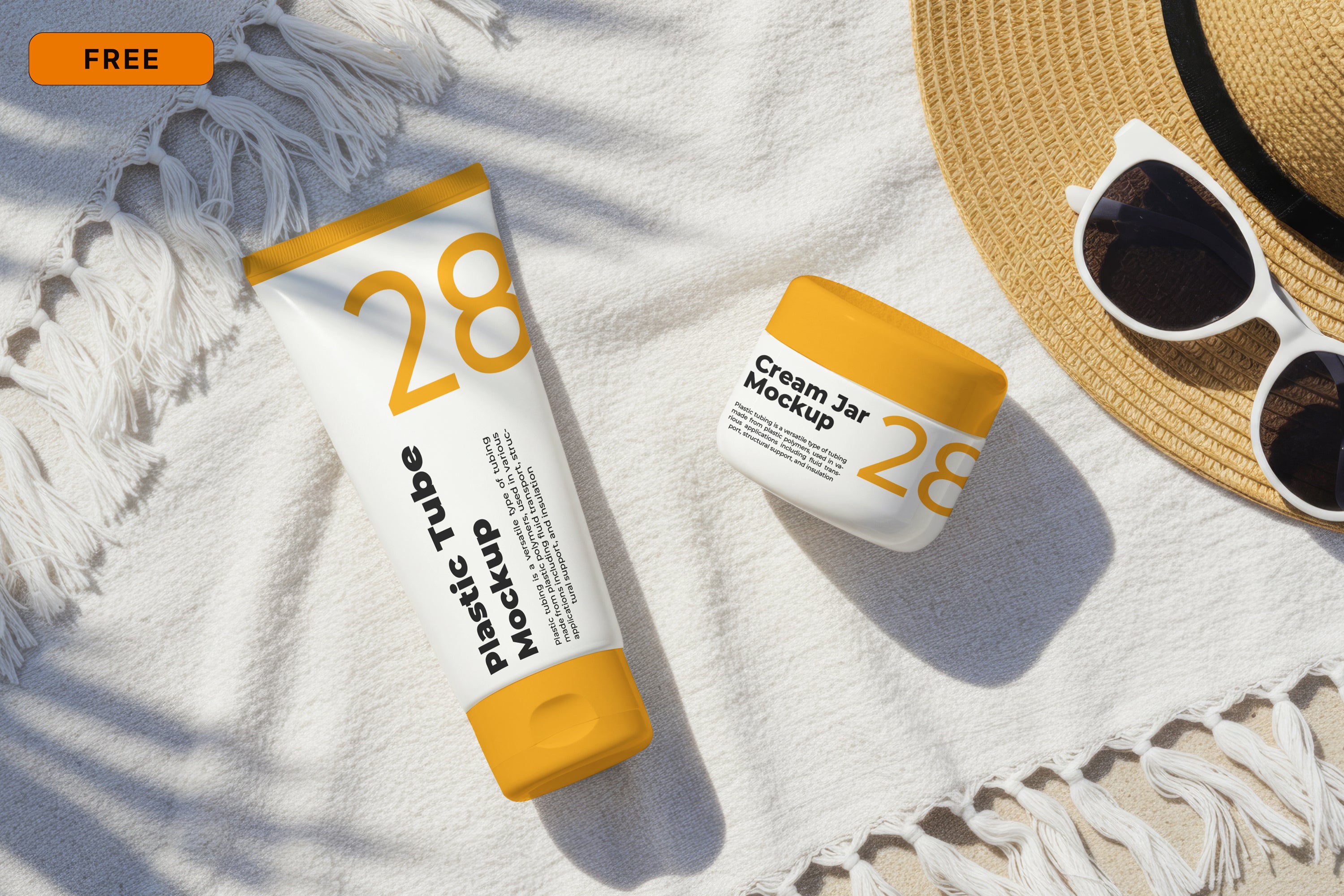 Fee Plastic Tube and Cream Jar on White Towel Mockup