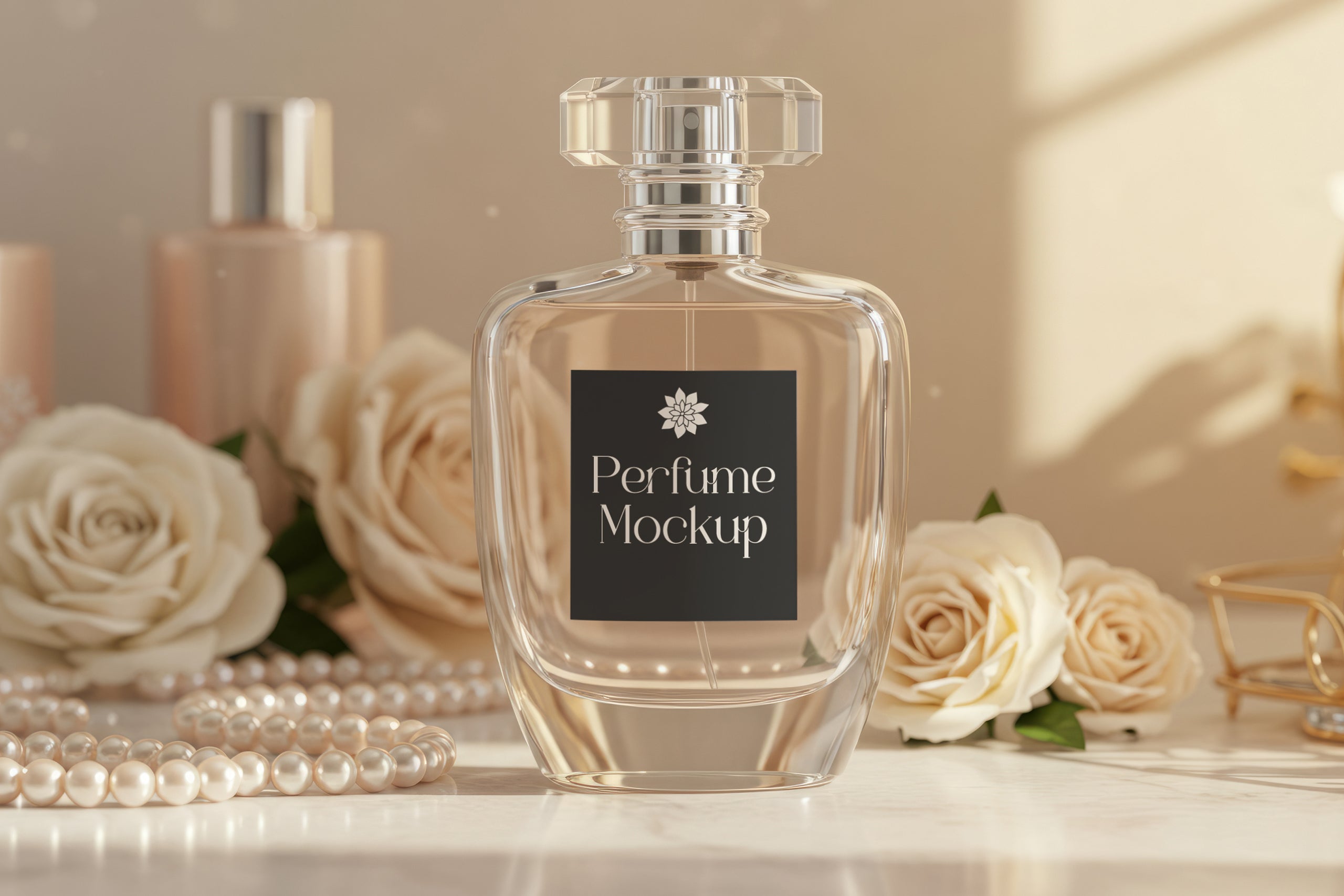 Free perfume bottle on vanity mockup with roses and pearls