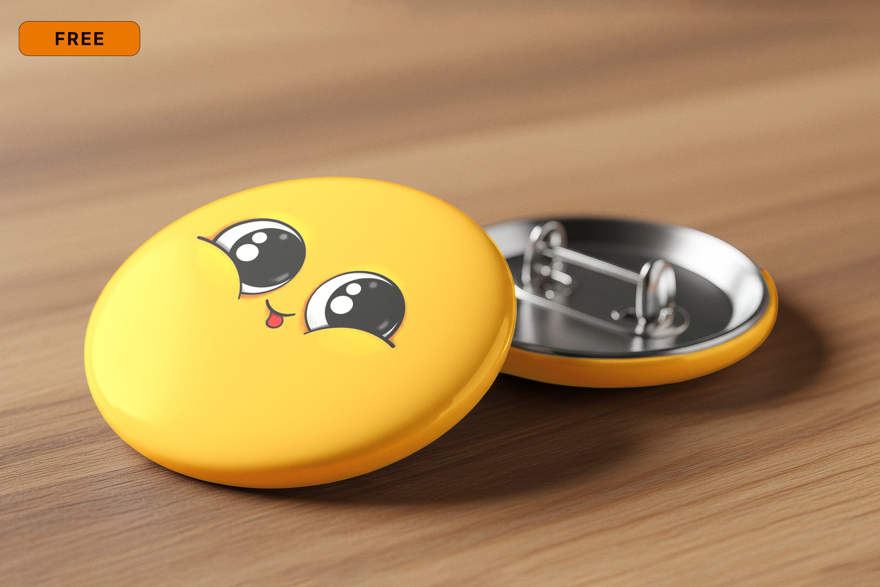 Free Round Pin Badge on Table Mockup