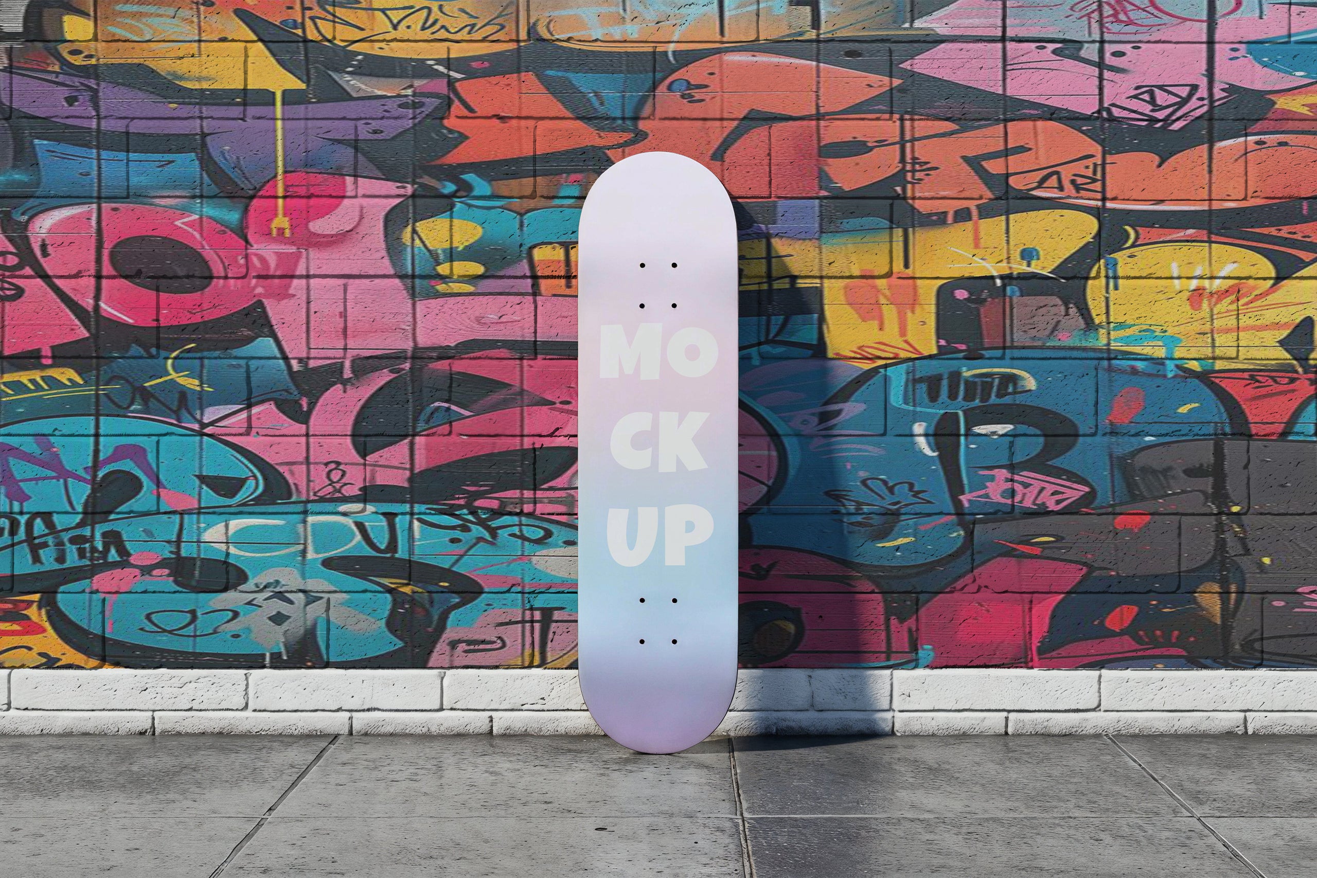 Free skateboard deck mockup against colorful graffiti wall