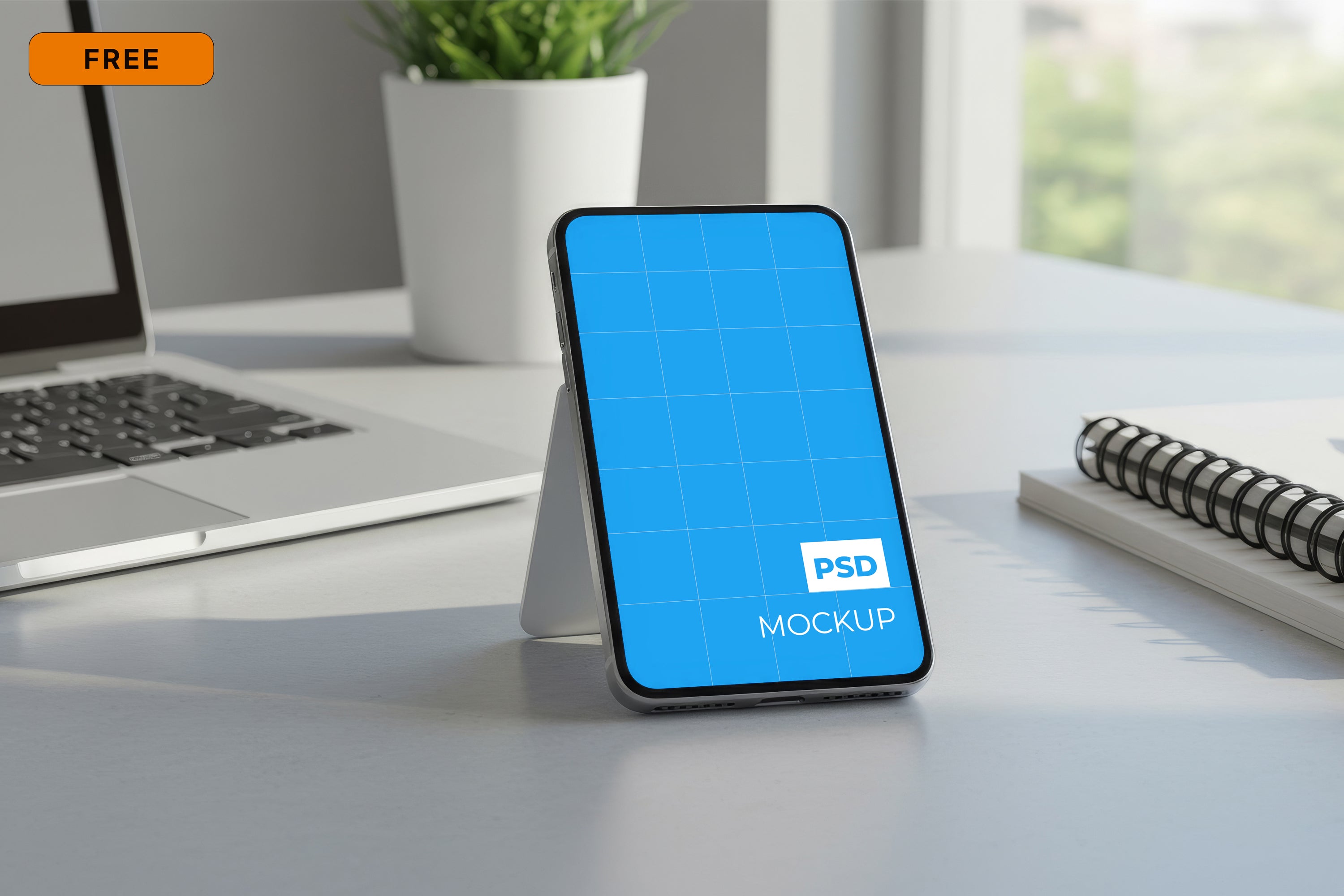 Free Smartphone on Office Desk Mockup
