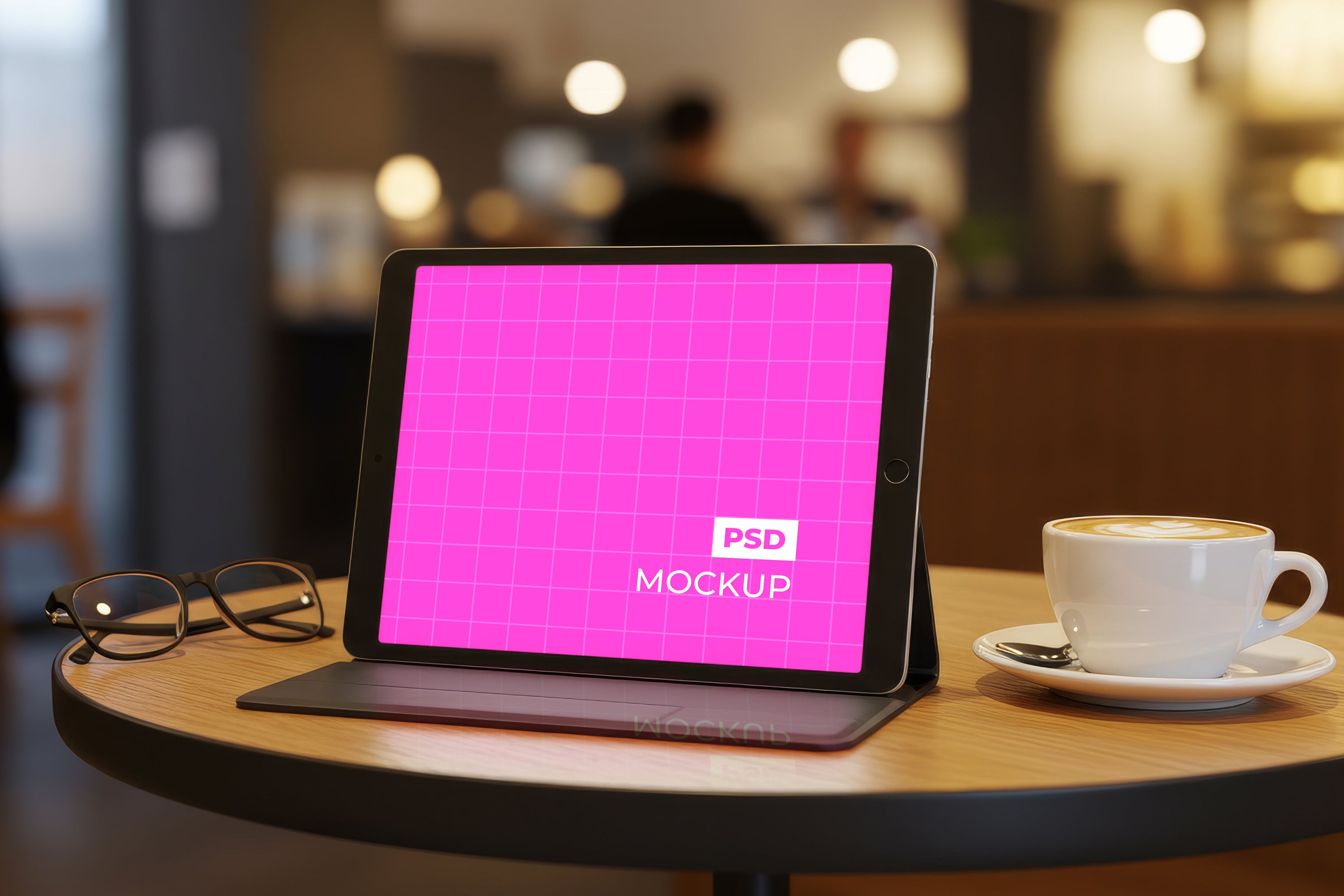Free Tablet On Cafe Table Mockup
