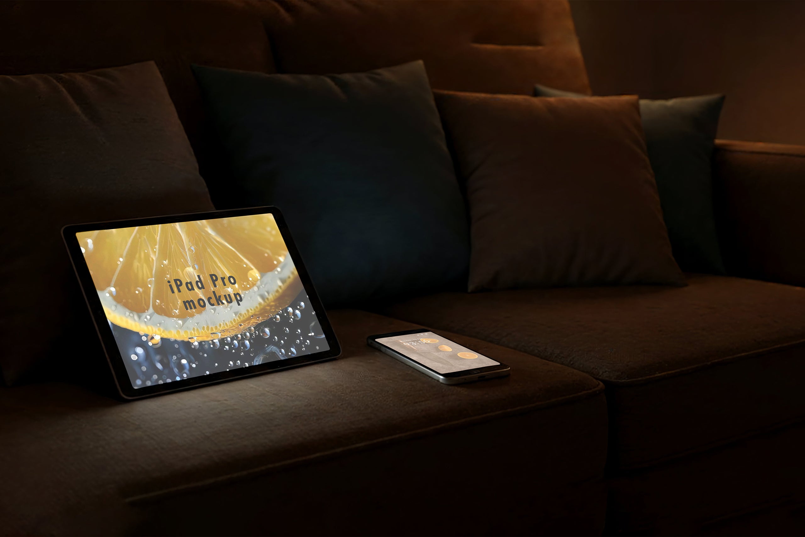 Free tablet and phone on sofa mockup in warm lighting